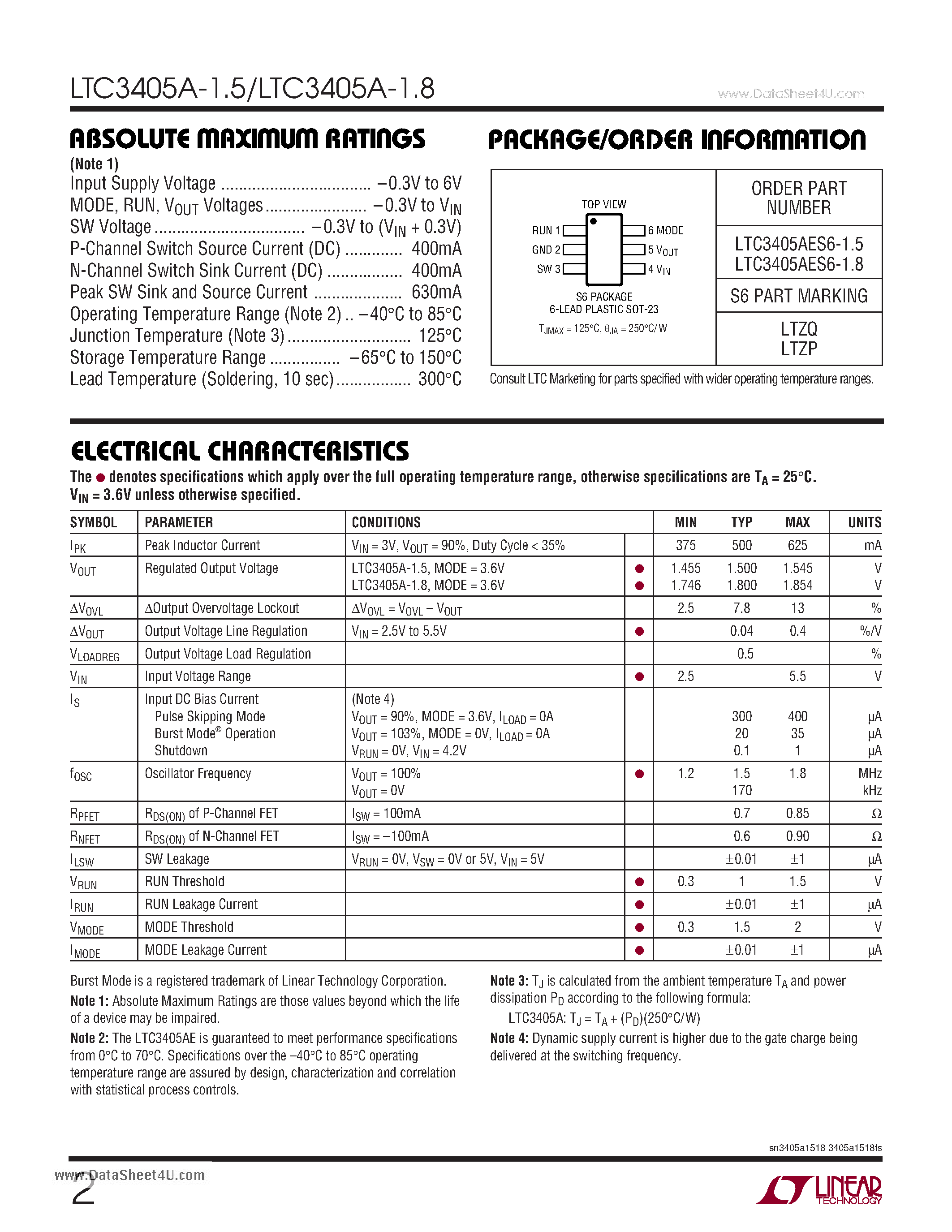 Даташит LTC3405A-1.5 - 1.5V / 1.8V / 1.5MHz - 300mA Synchronous Step-Down Regulators in ThinSOT страница 2