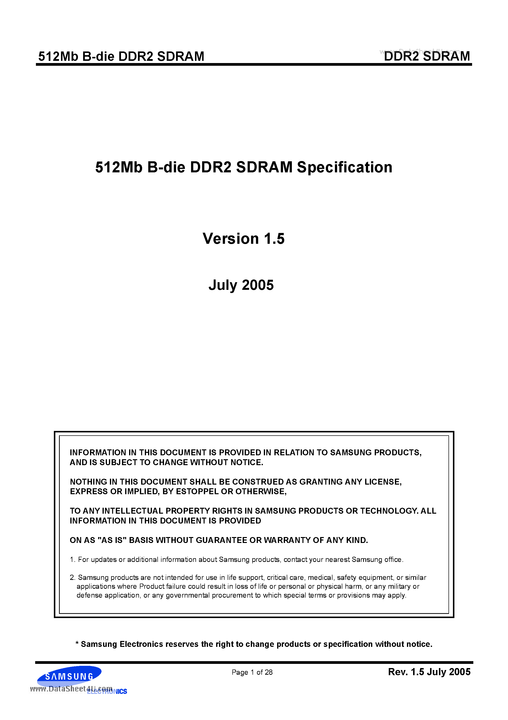 Datasheet K4T51043QB-ZCD5 - 512Mb B-die DDR2 SDRAM page 1