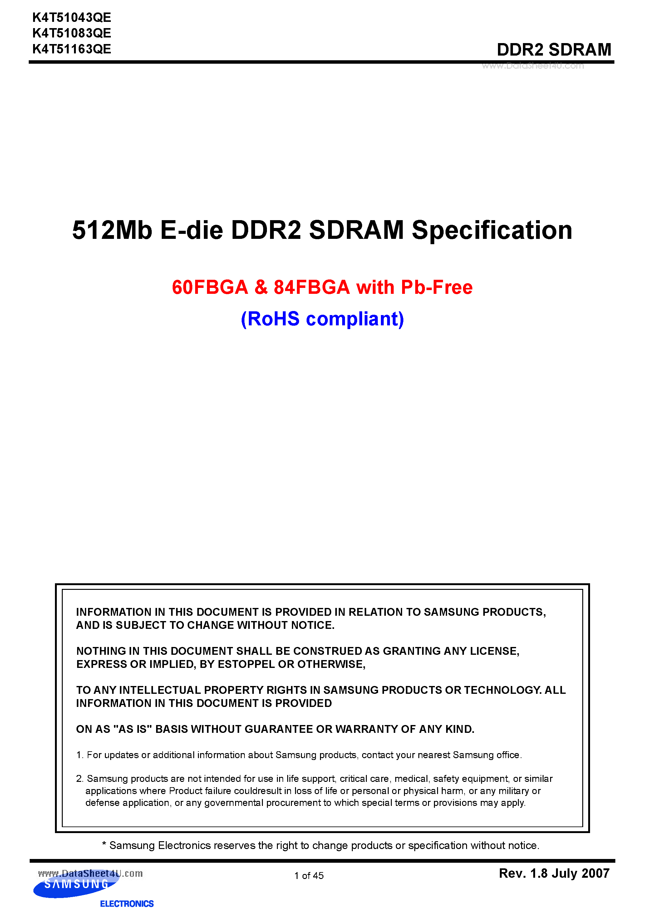 Datasheet K4T51043QE - 512Mb E-die DDR2 SDRAM Specification page 1