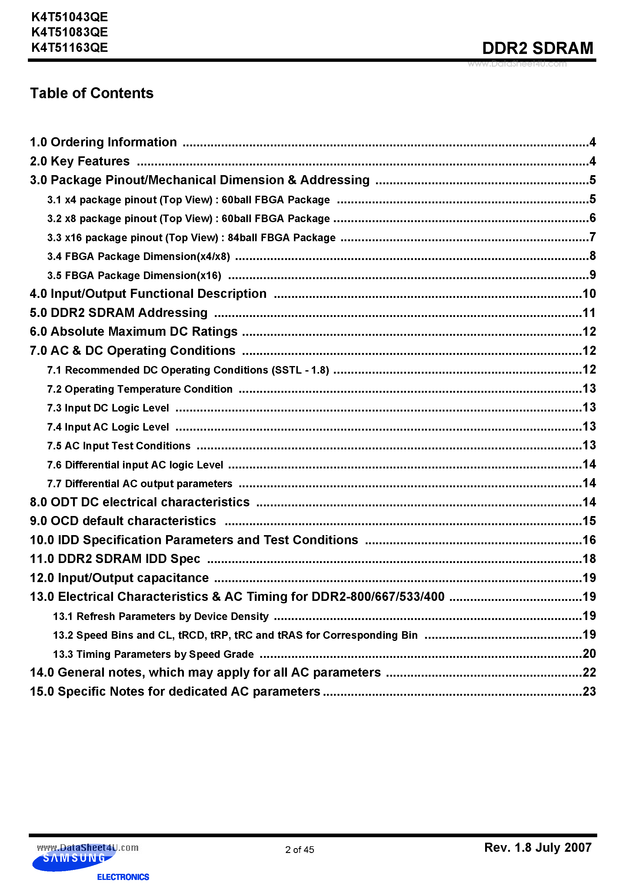 Datasheet K4T51043QE - 512Mb E-die DDR2 SDRAM Specification page 2