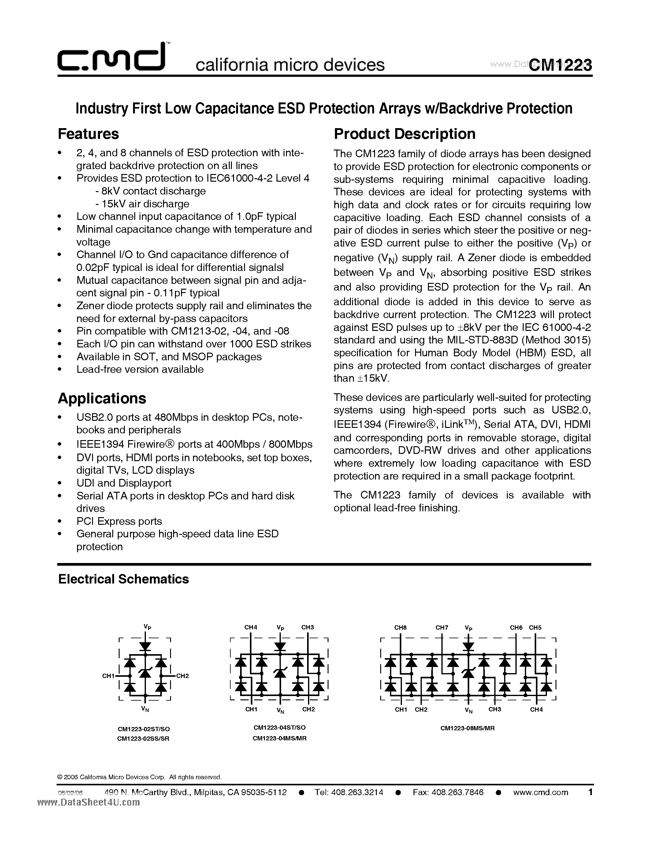 Даташит CM1223 - Industry First Low Capacitance ESD Protection Arrays w/Backdrive Protection страница 1