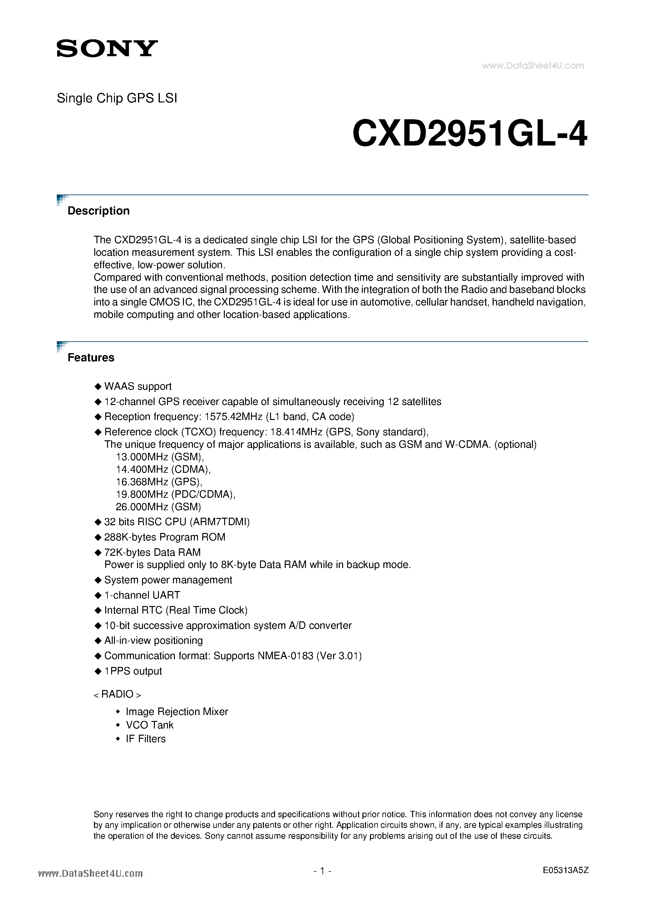 Даташит CXD2951GL-4 - Single Chip GPS LSI страница 1