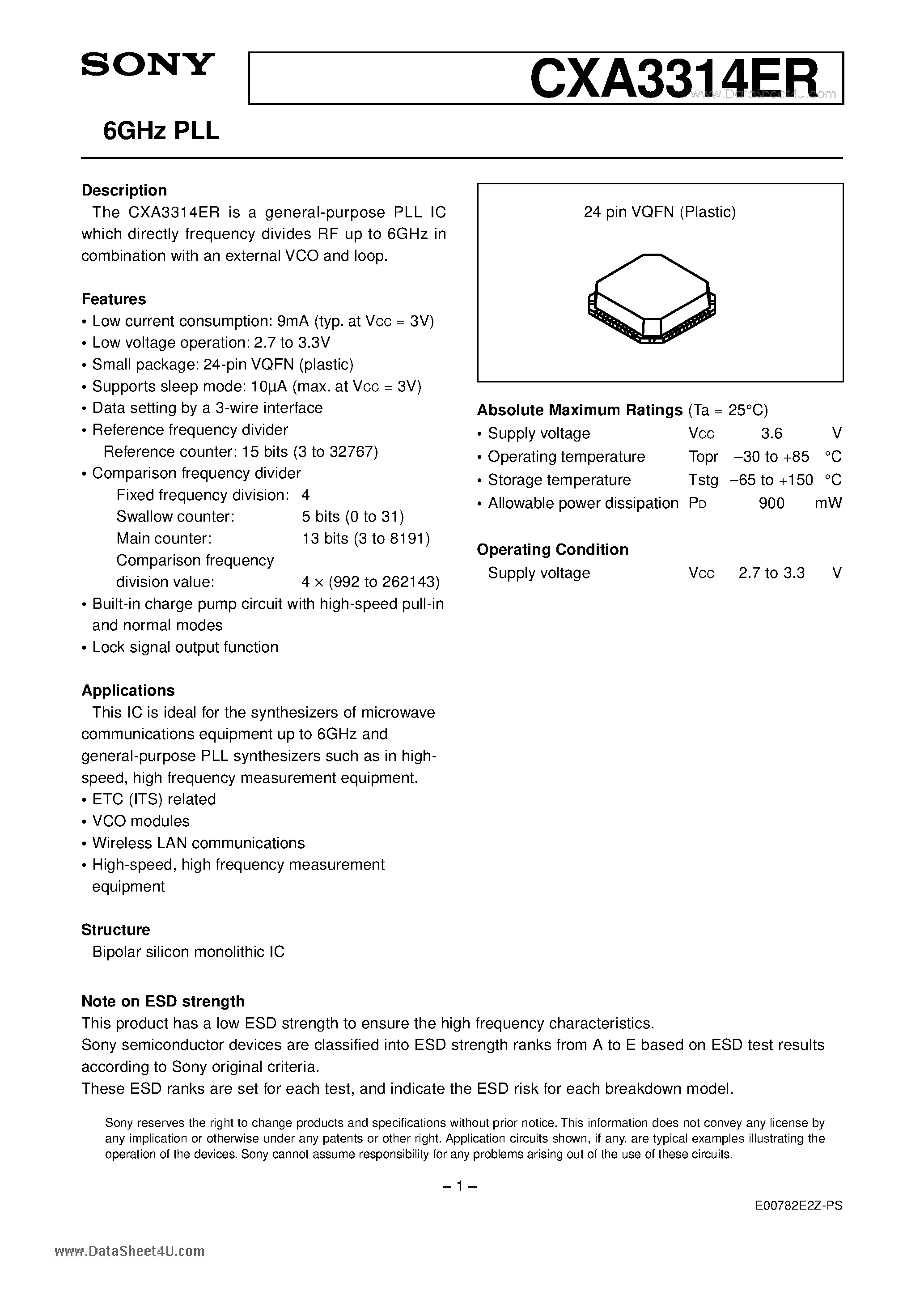 Datasheet CXA3314ER - 6GHz PLL page 1