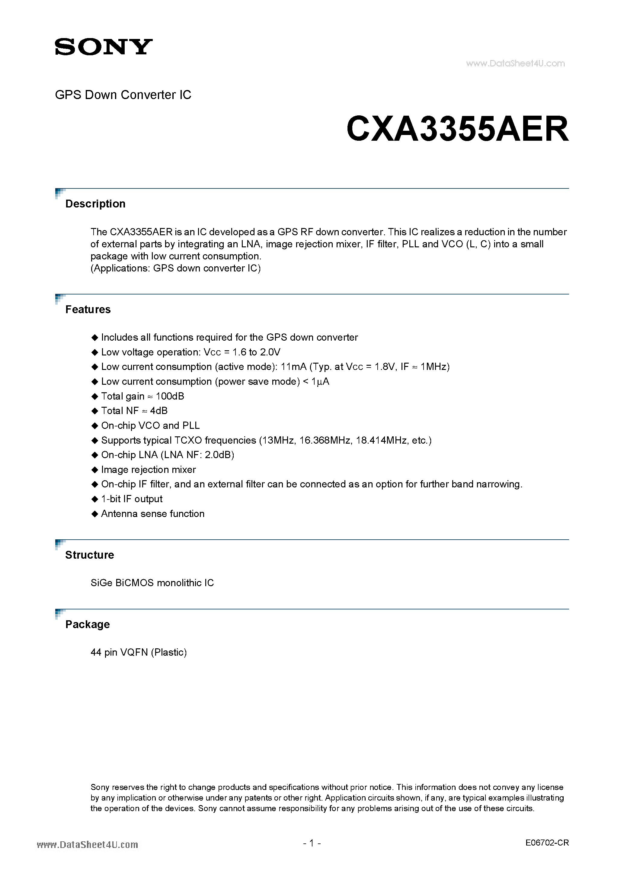 Datasheet CXA3355AER - GPS Down Converter IC page 1