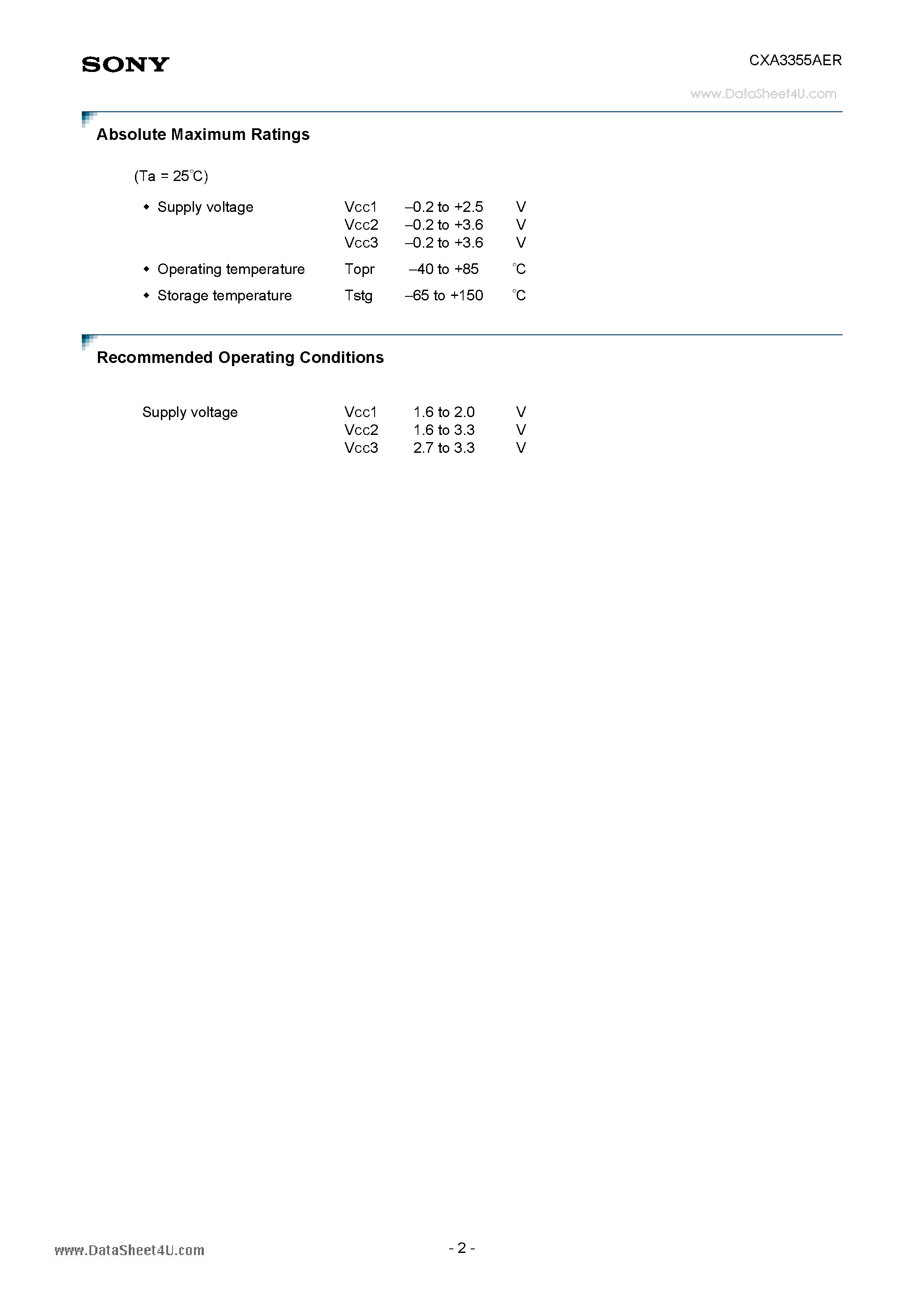 Datasheet CXA3355AER - GPS Down Converter IC page 2