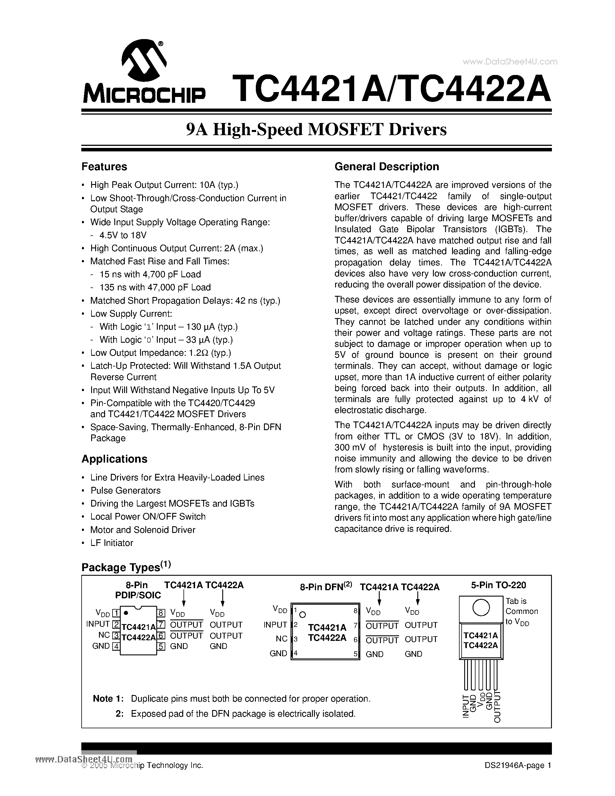 Даташит TC4421A - 9A High-Speed MOSFET Drivers страница 1