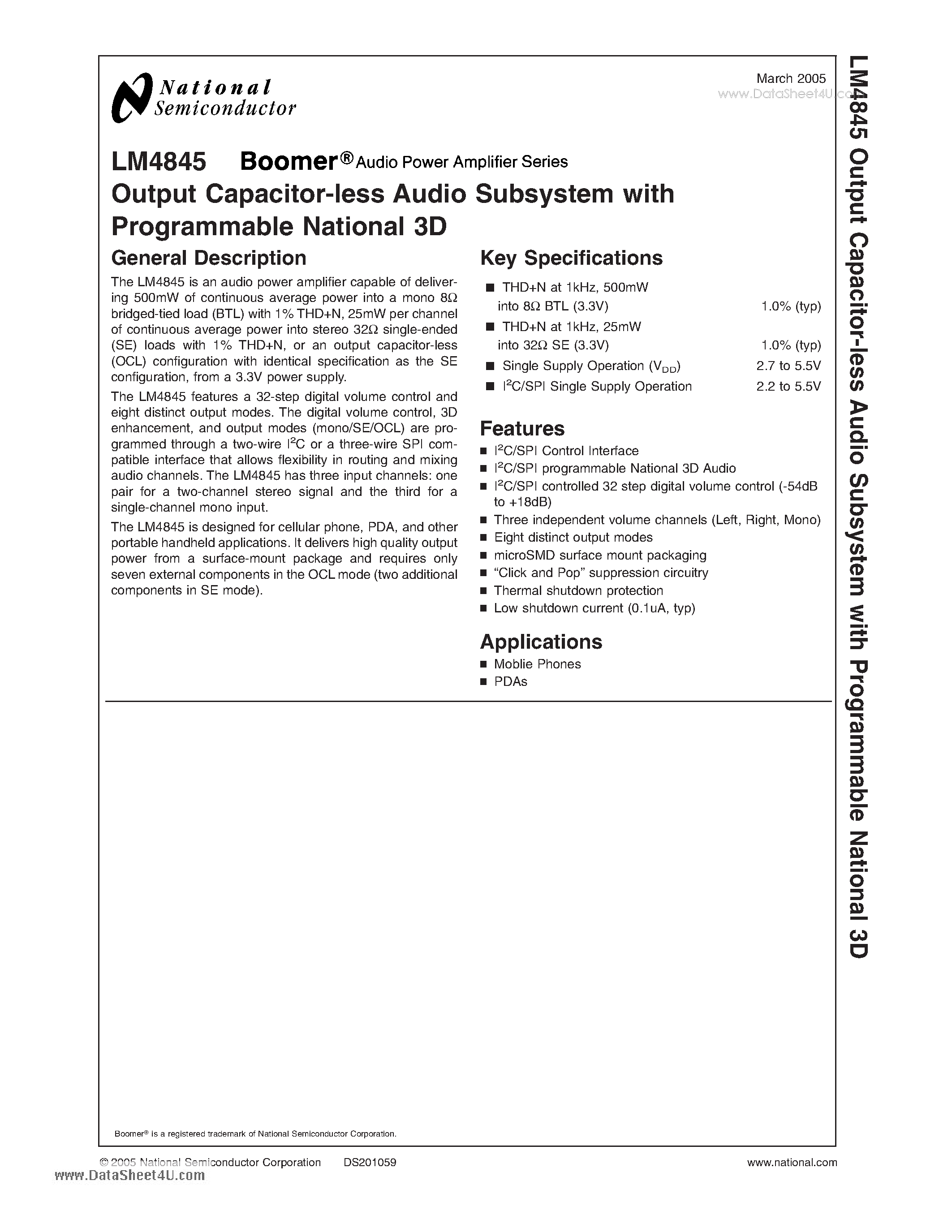 Даташит LM4845 - Output Capacitor-less Audio Subsystem страница 1