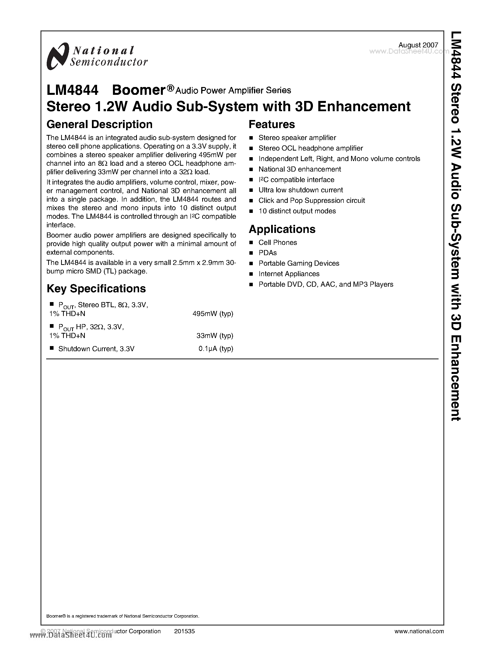 Даташит LM4844 - Stereo 1.2W Audio Sub-System with 3D Enhancement страница 1