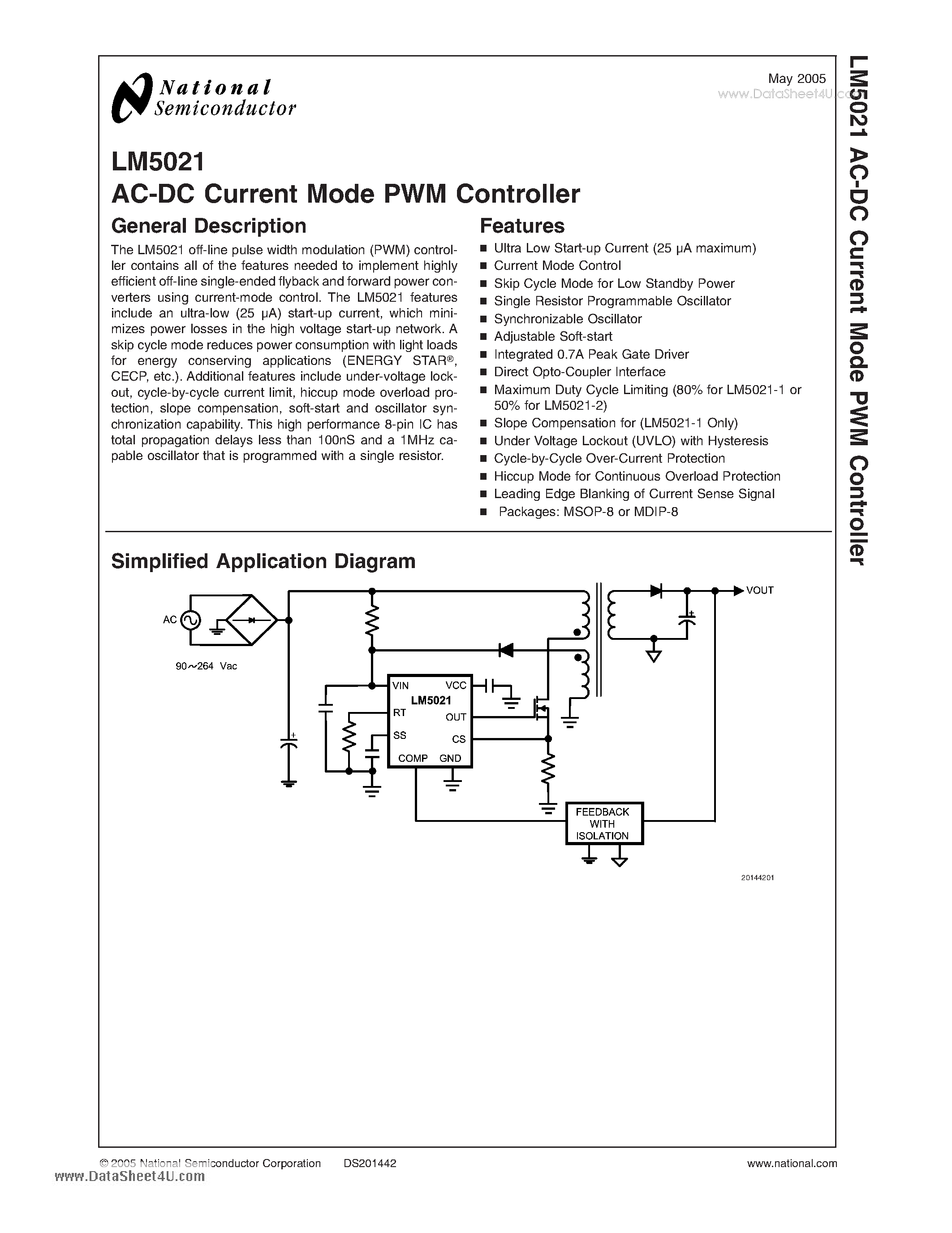 Datasheet LM5021 - AC-DC Current Mode PWM Controller page 1