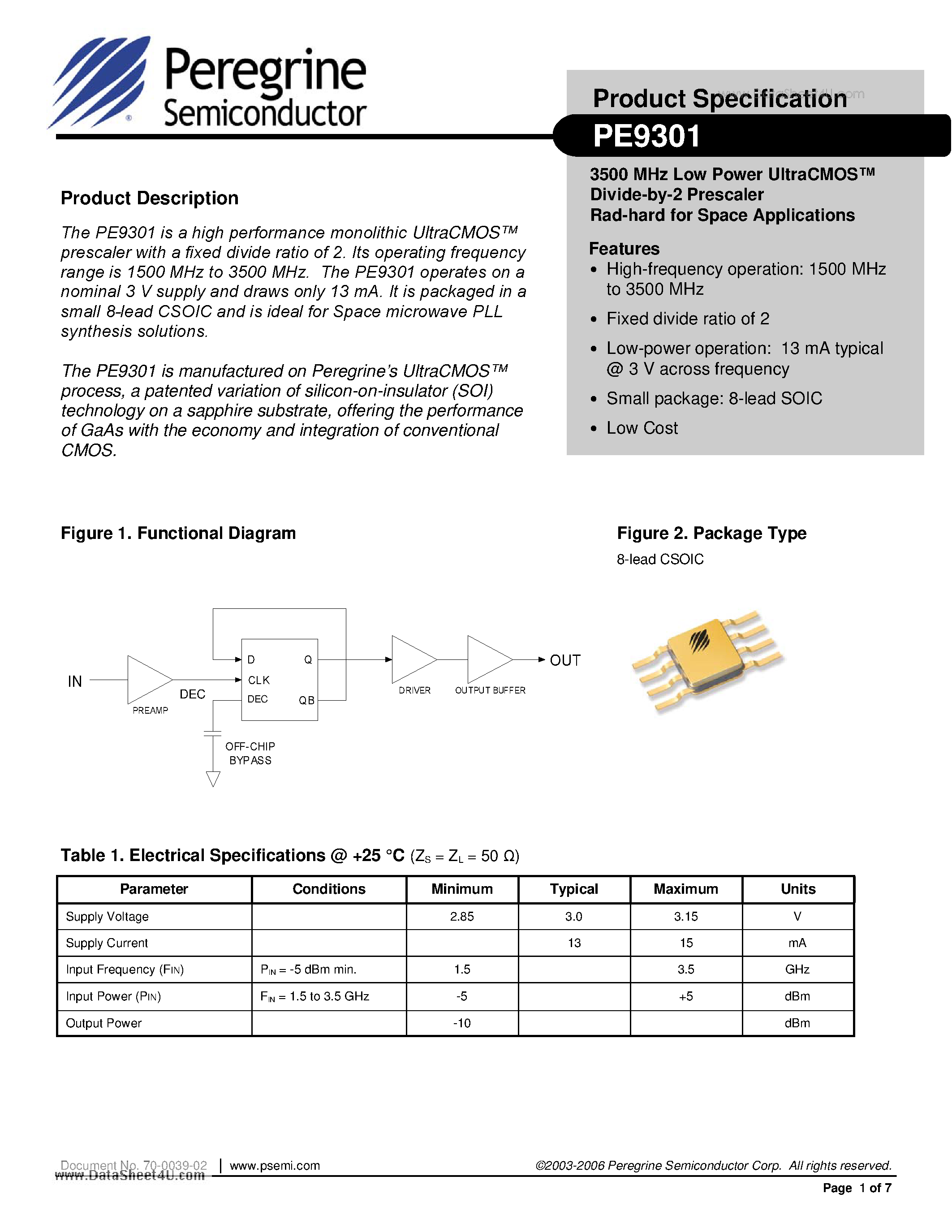 Даташит PE9301 - 3500 MHz Low Power UltraCMOS Divide-by-2 Prescaler Rad-hard for Space Applications страница 1