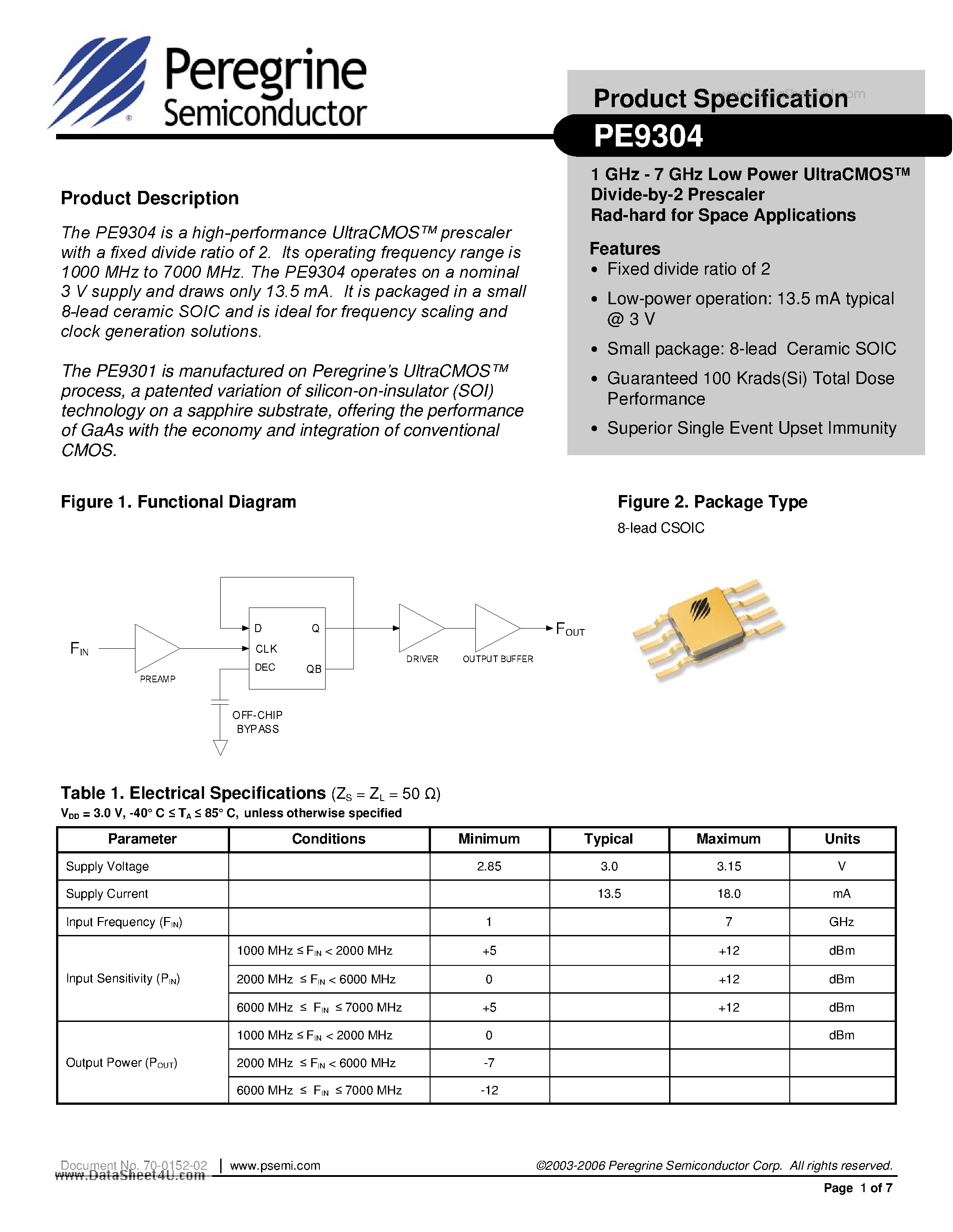 Даташит PE9304 - 1 GHz - 7 GHz Low Power UltraCMOS Divide-by-2 Prescaler Rad-hard for Space Applications страница 1