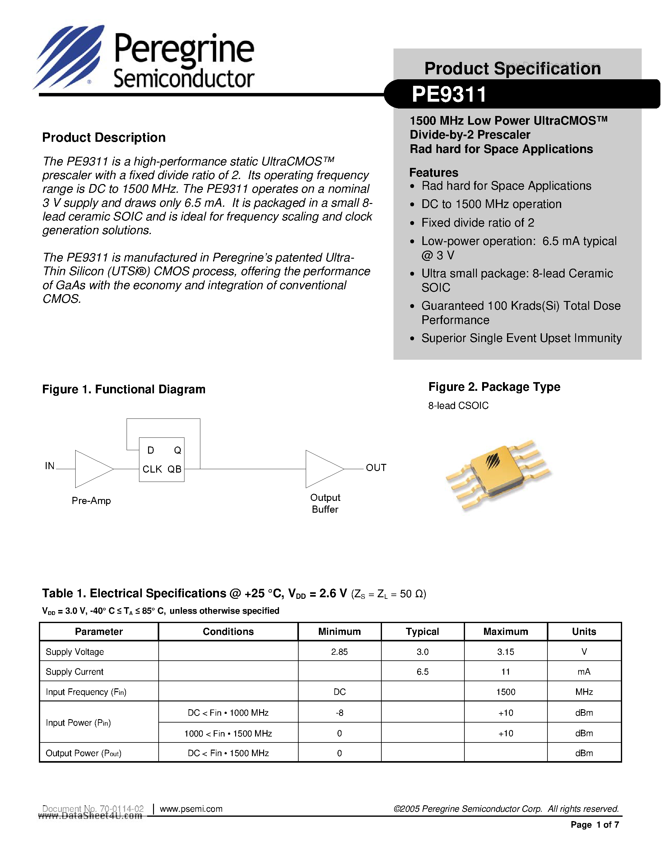 Даташит PE9311 - 1500 MHz Low Power UltraCMOS Divide-by-2 Prescaler RAD hard for Space Applications страница 1