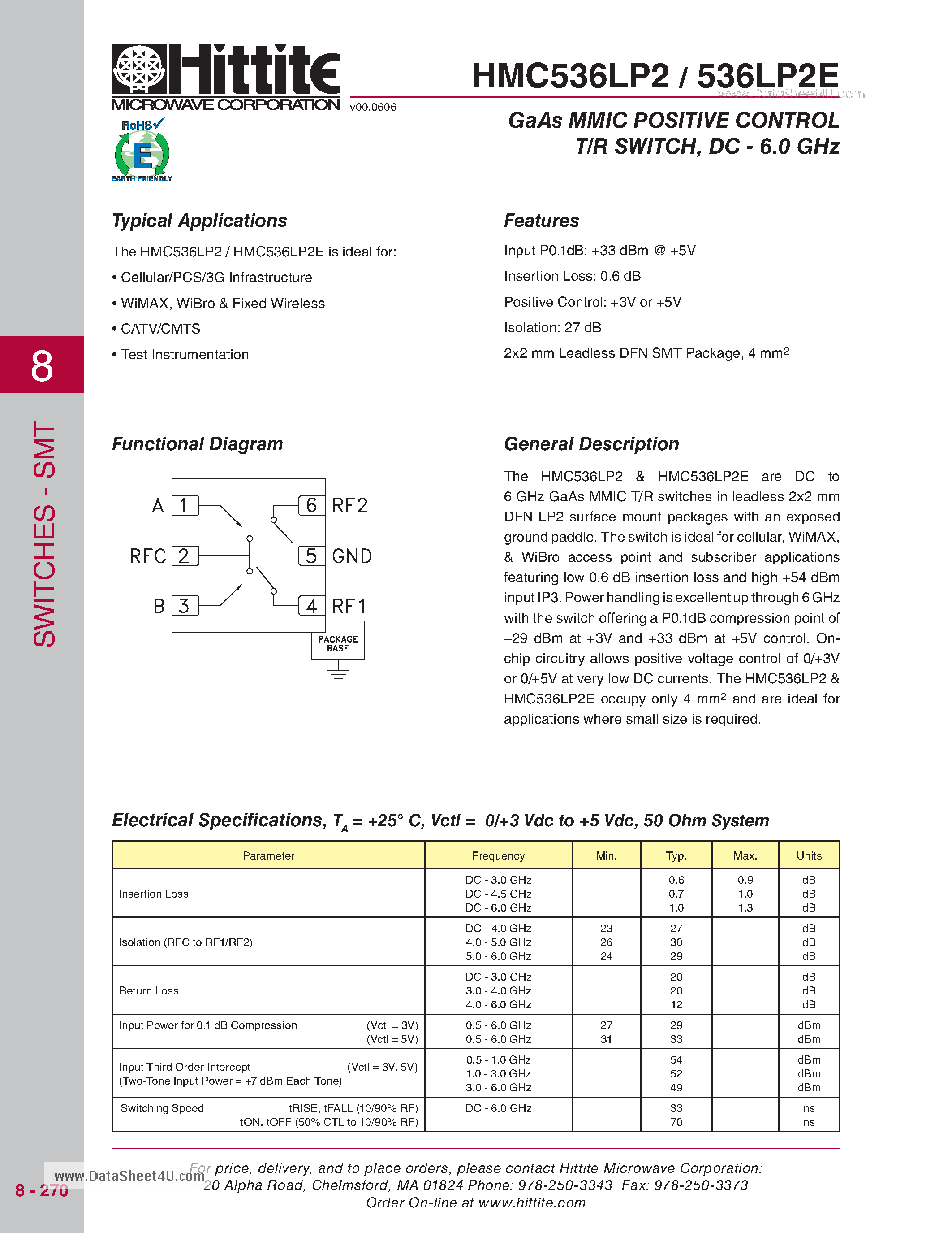 Даташит HMC536LP2 - GaAs MMIC POSITIVE CONTROL T/R SWITCH - DC - 6.0 GHz страница 1