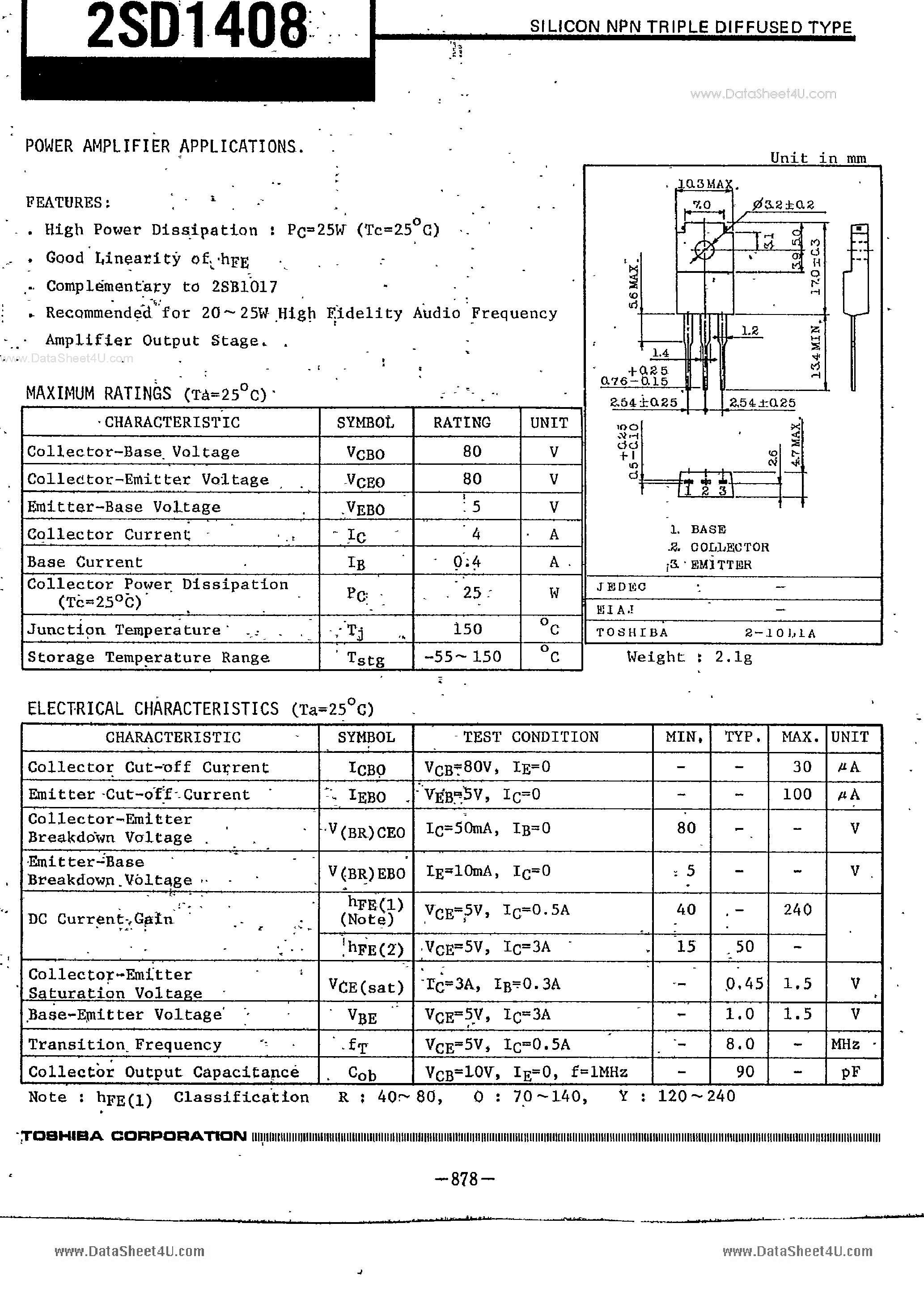 Datasheet D1408 - Search -----> 2SD1408 page 1