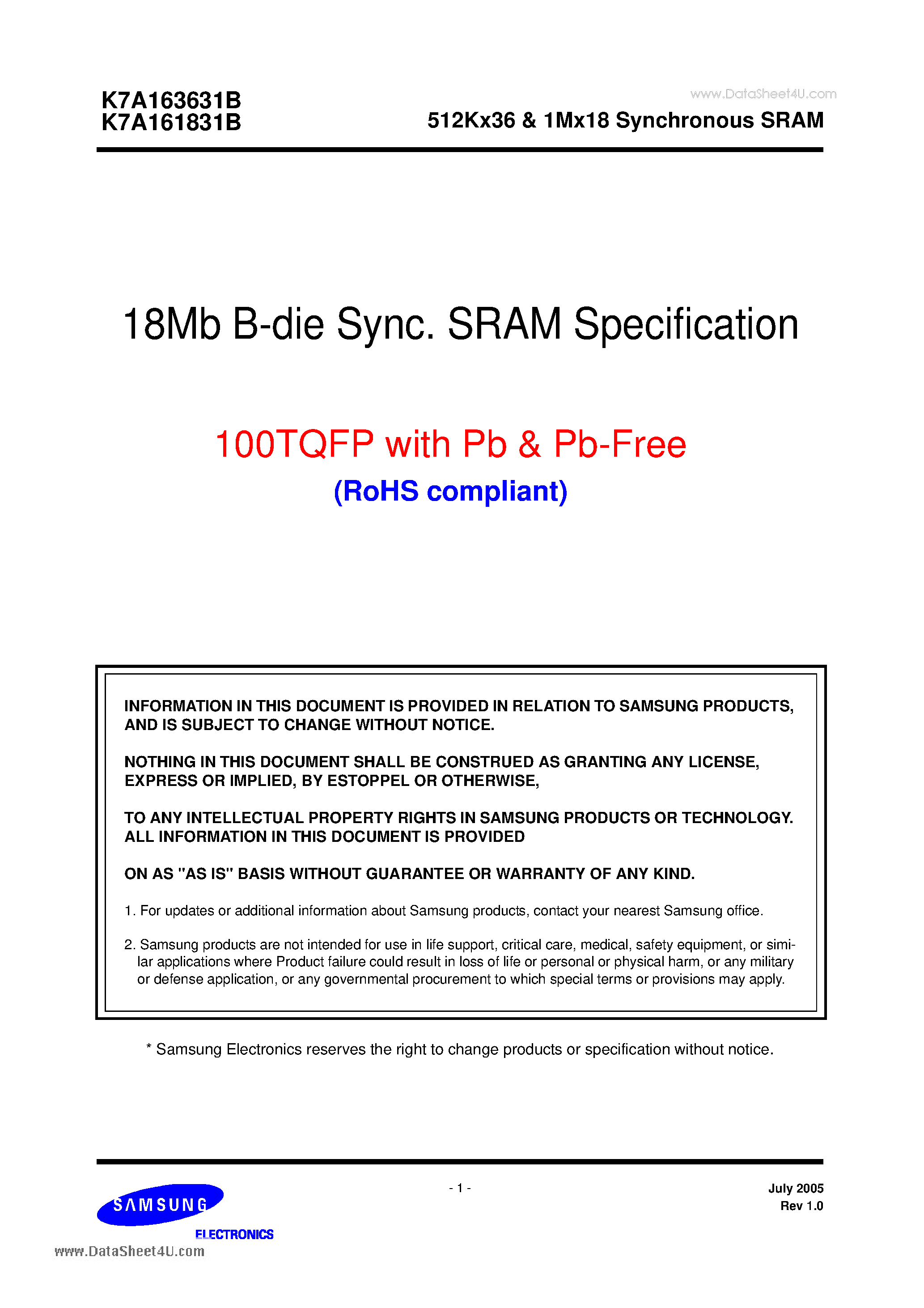 Datasheet K7A161831B - 18MB B-DIE SYNC SRAM SPECIFICATION 100TQFP WITH PB / PB-FREE page 1