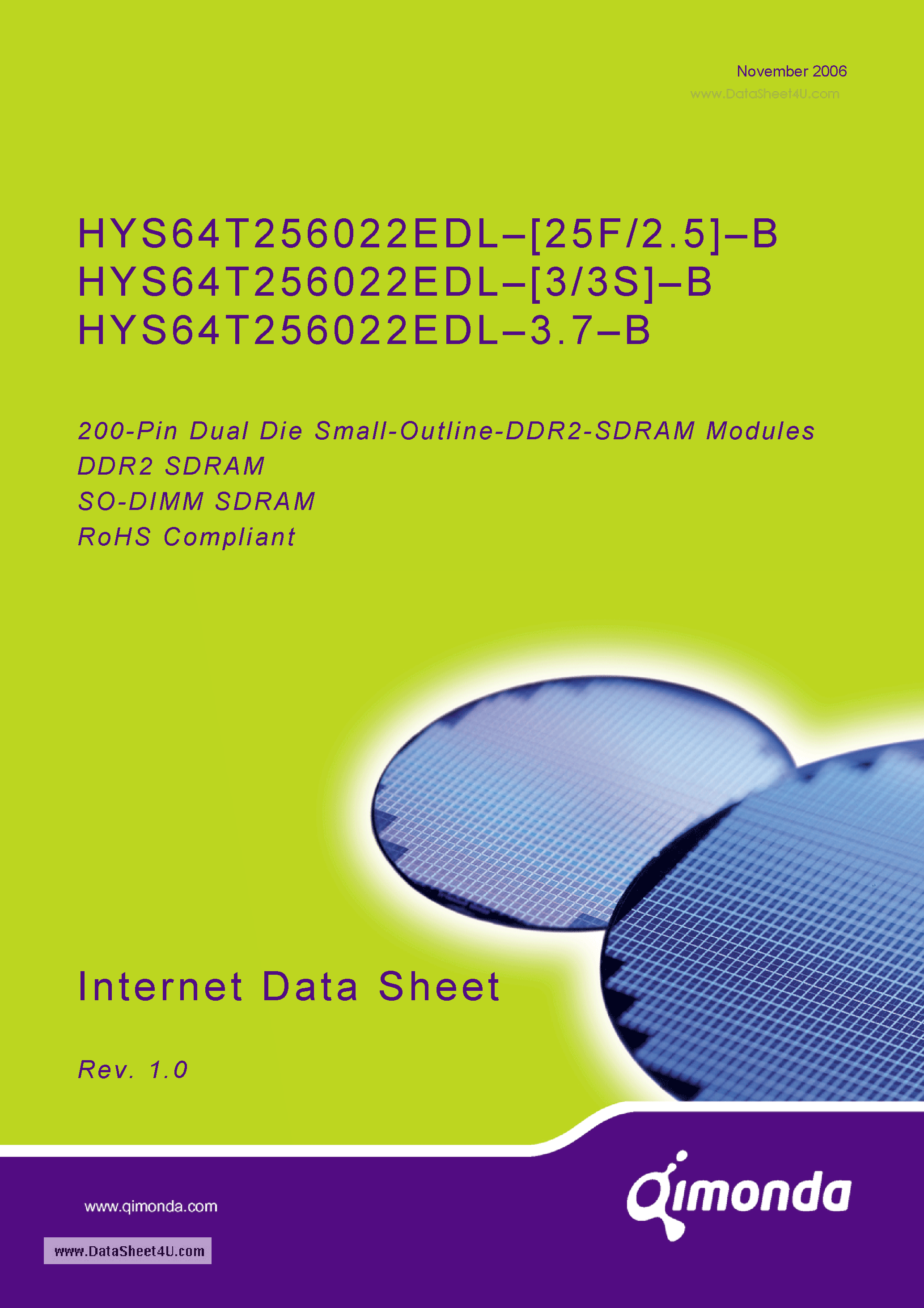 Datasheet HYS64T256022EDL-2.5-B - 200-Pin Dual Die Small-Outline-DDR2-SDRAM Modules page 1