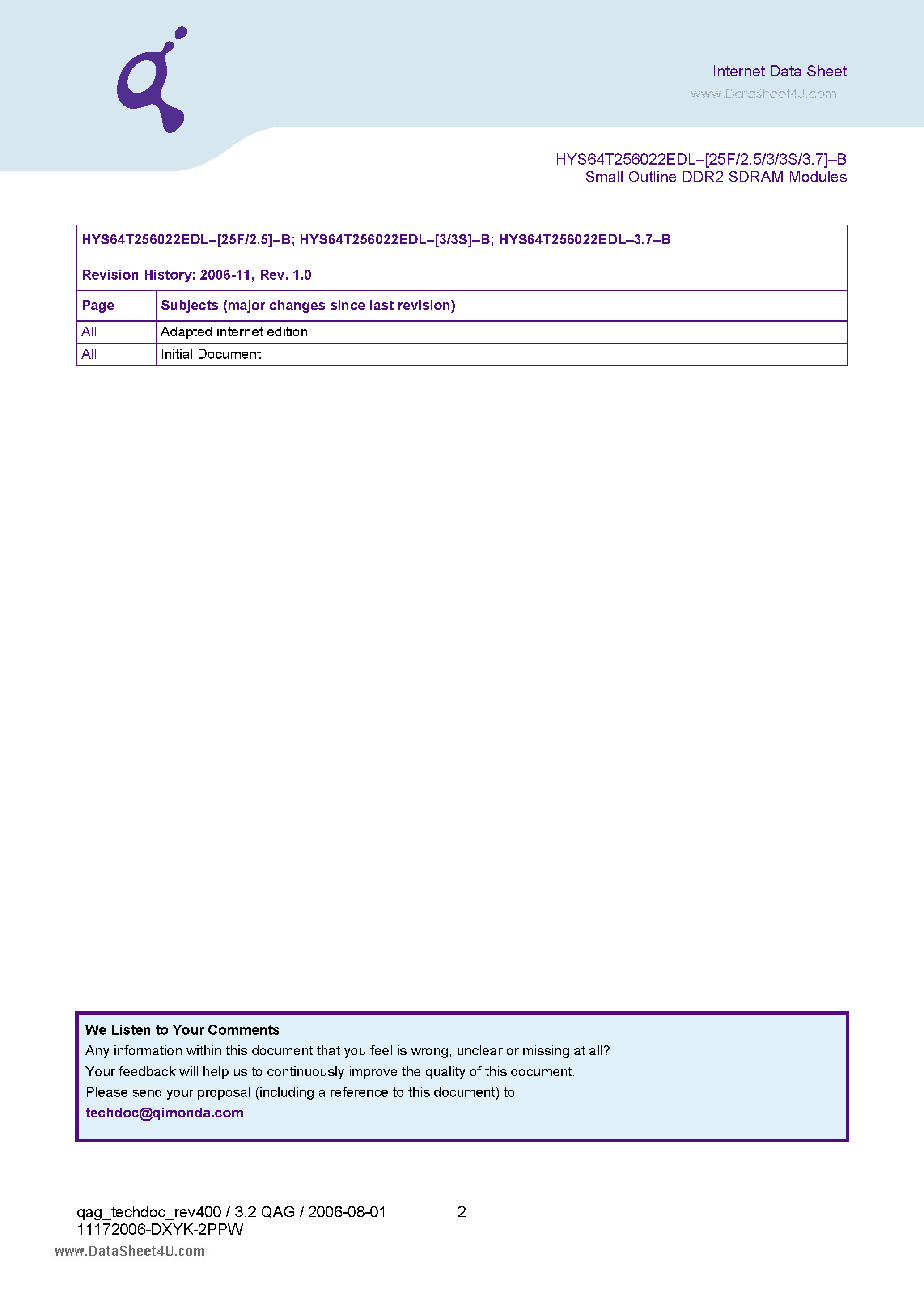 Datasheet HYS64T256022EDL-2.5-B - 200-Pin Dual Die Small-Outline-DDR2-SDRAM Modules page 2