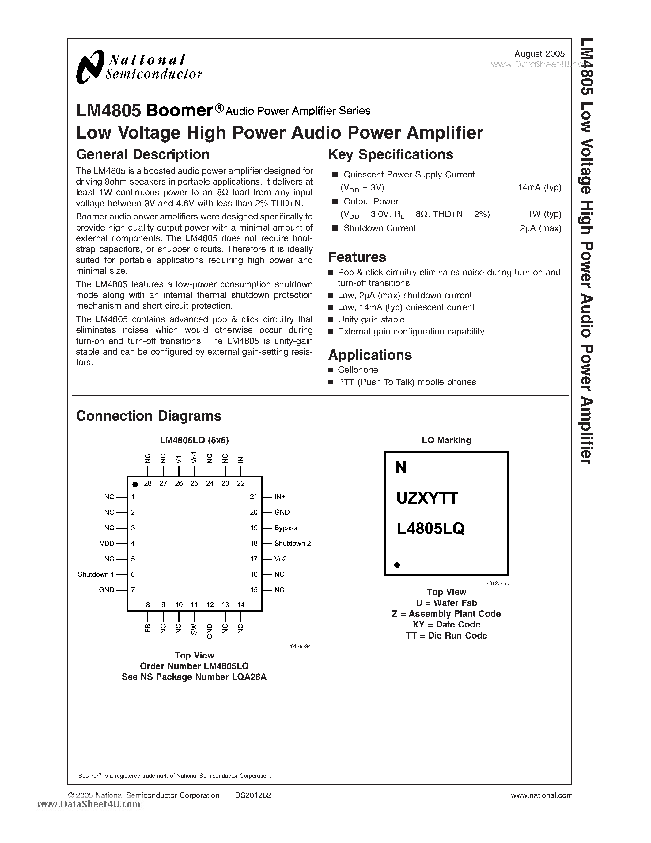 Даташит LM4805 - Low Voltage High Power Audio Power Amplifier страница 1