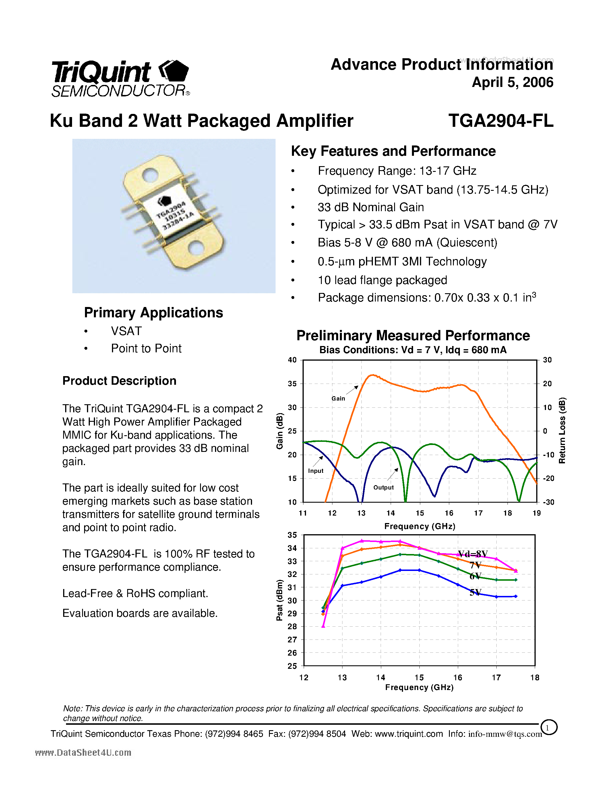 Даташит TGA2904-FL - Ku Band 2 Watt Packaged Amplifier страница 1