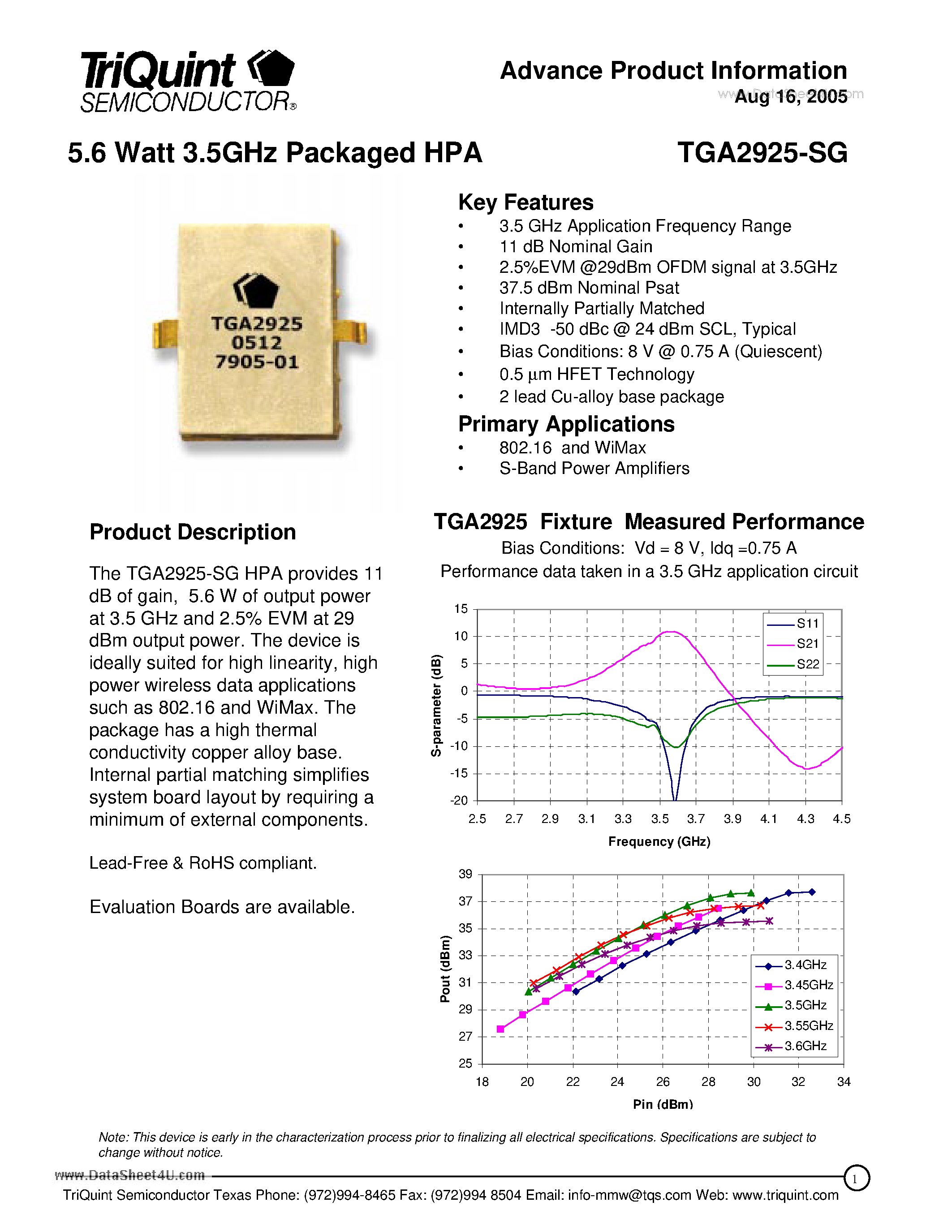 Даташит TGA2925-SG - 5.6 Watt 3.5GHz Packaged HPA страница 1