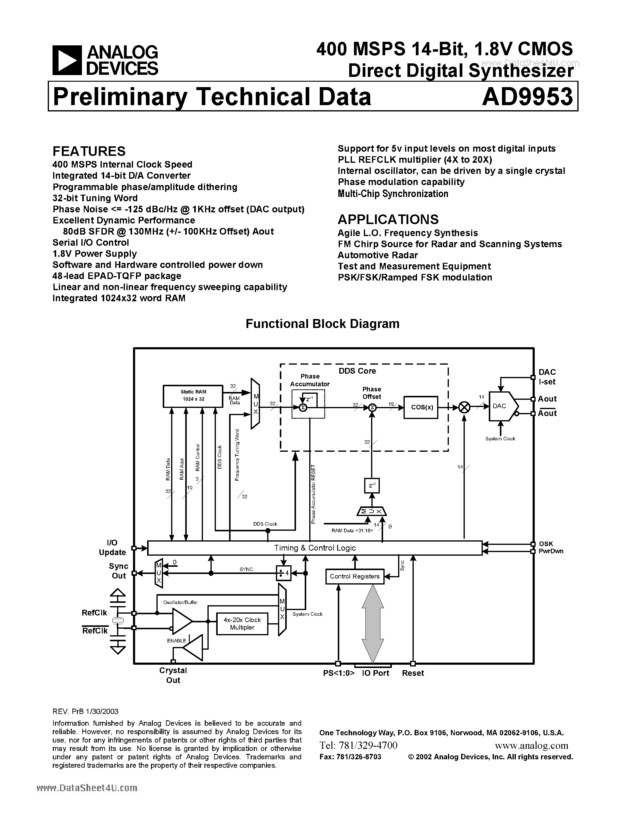 Datasheet AD9953 - 1.8V CMOS Direct Digital Synthesizer page 1