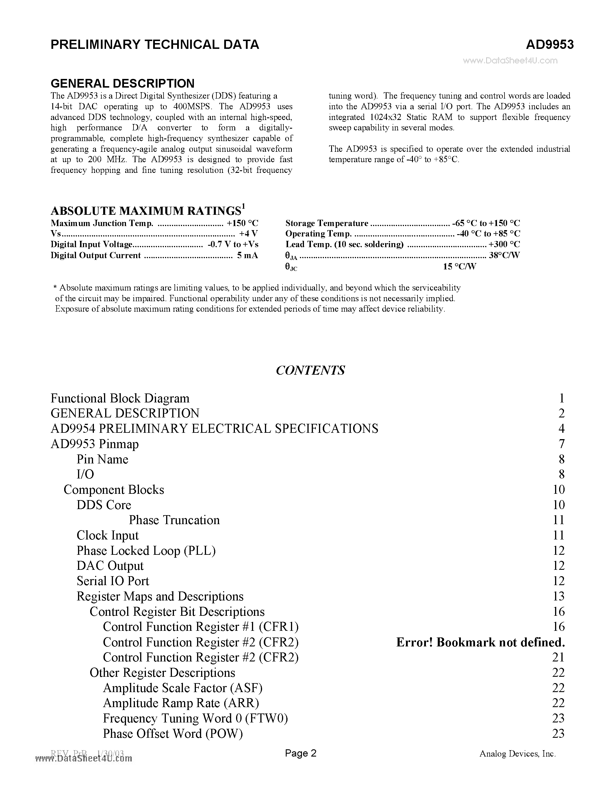 Datasheet AD9953 - 1.8V CMOS Direct Digital Synthesizer page 2