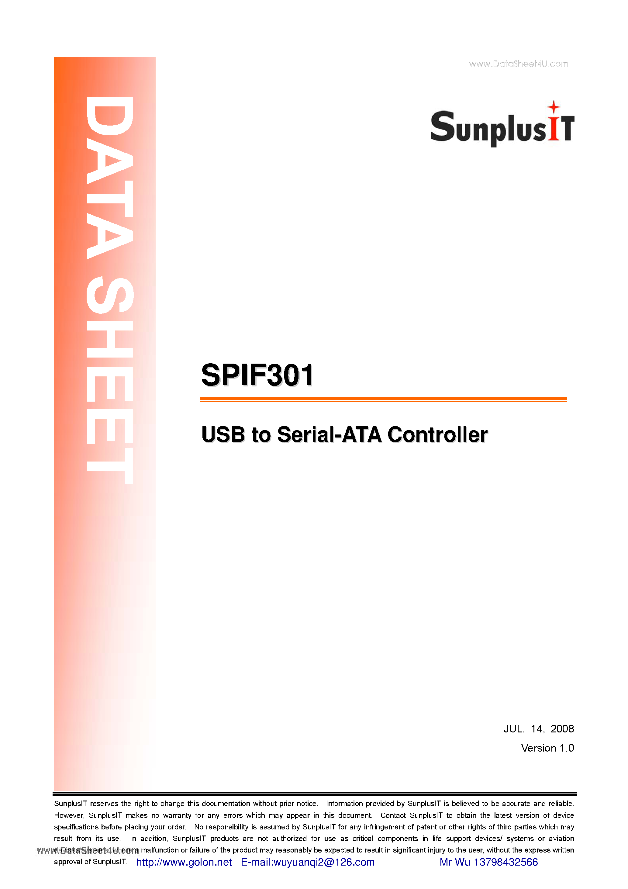 Даташит SPIF301 - USB to Serial-ATA Controller страница 1