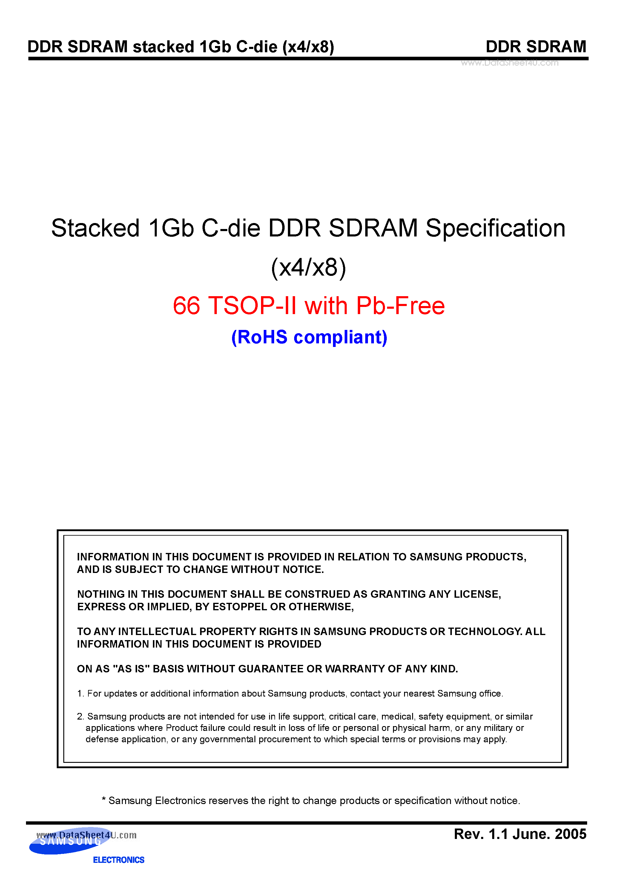 Datasheet K4H1G0638C-UC/LA2 - Stacked 1Gb C-die DDR SDRAM Specification page 1