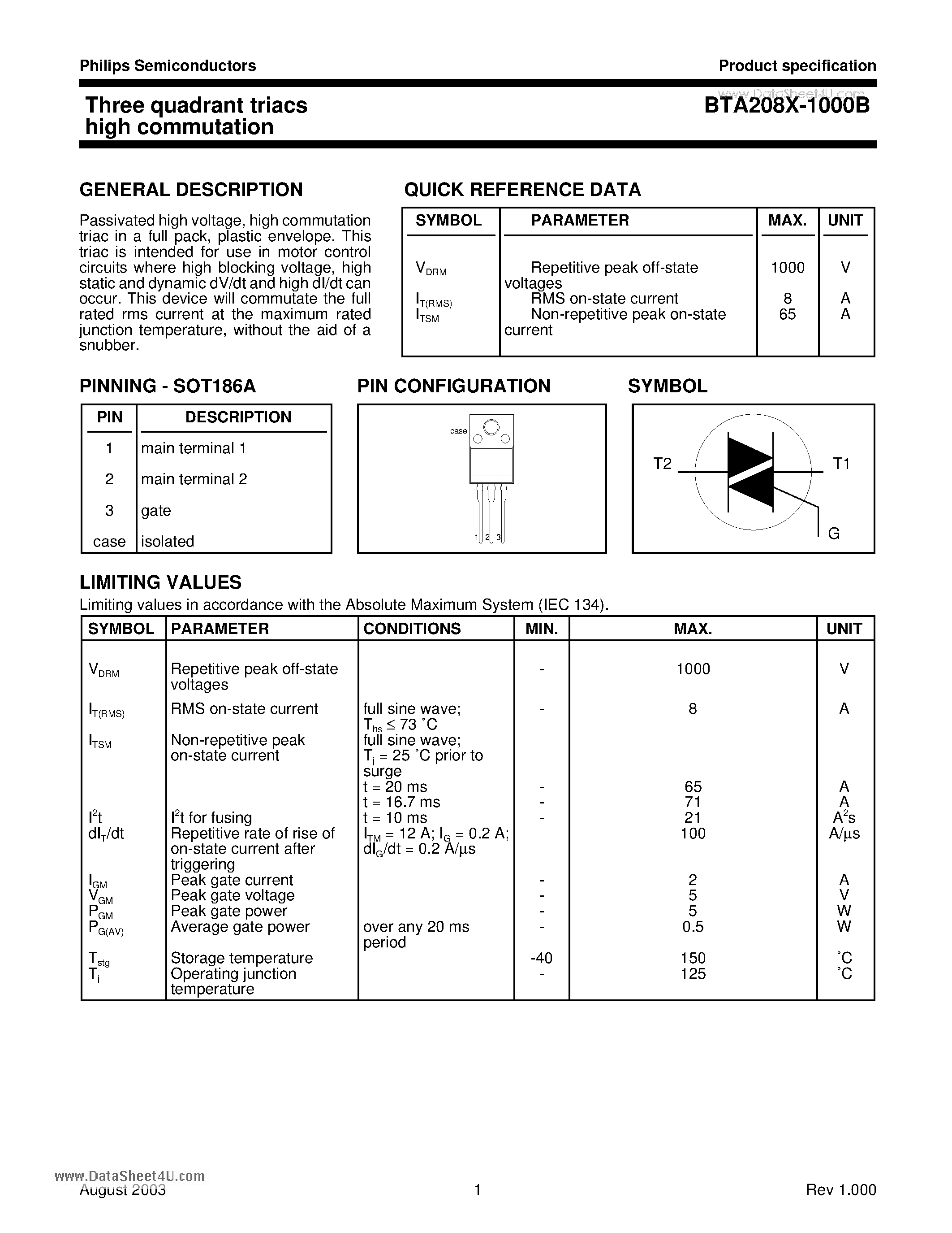 Datasheet BTA208X-1000B - Three quadrant triacs high commutation page 1