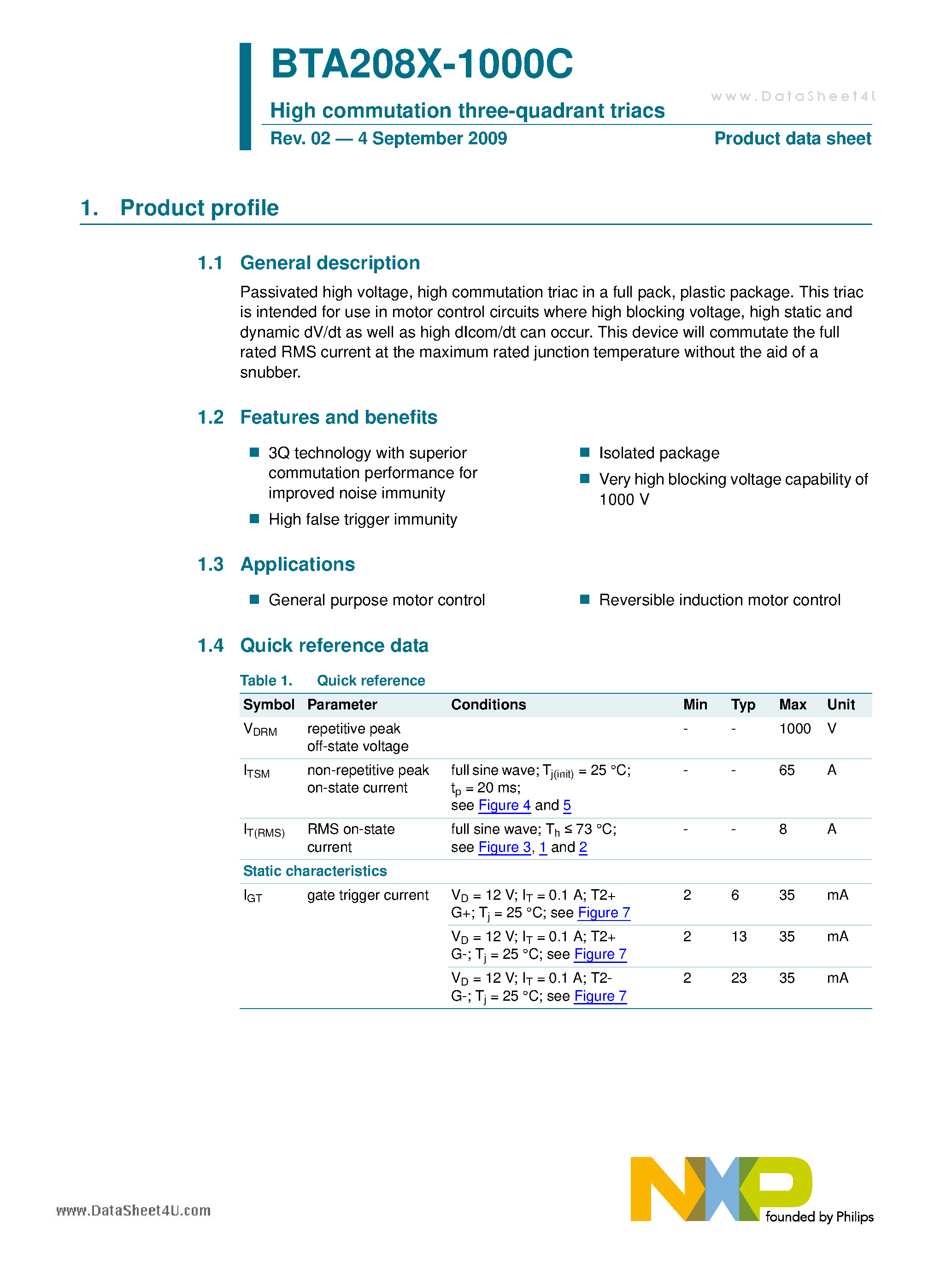 Datasheet BTA208X-1000C - High commutation three-quadrant triacs page 1