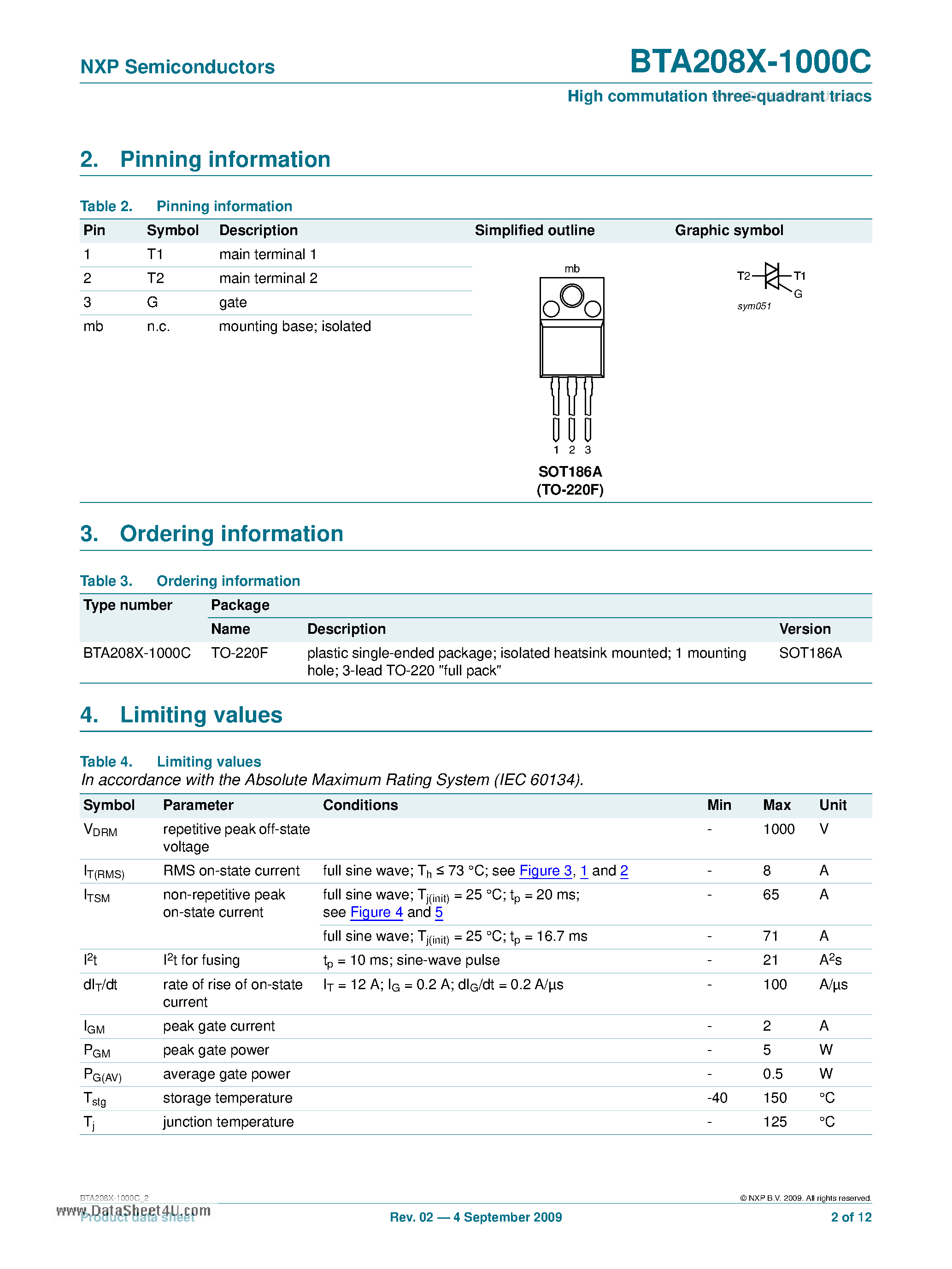 Datasheet BTA208X-1000C - High commutation three-quadrant triacs page 2