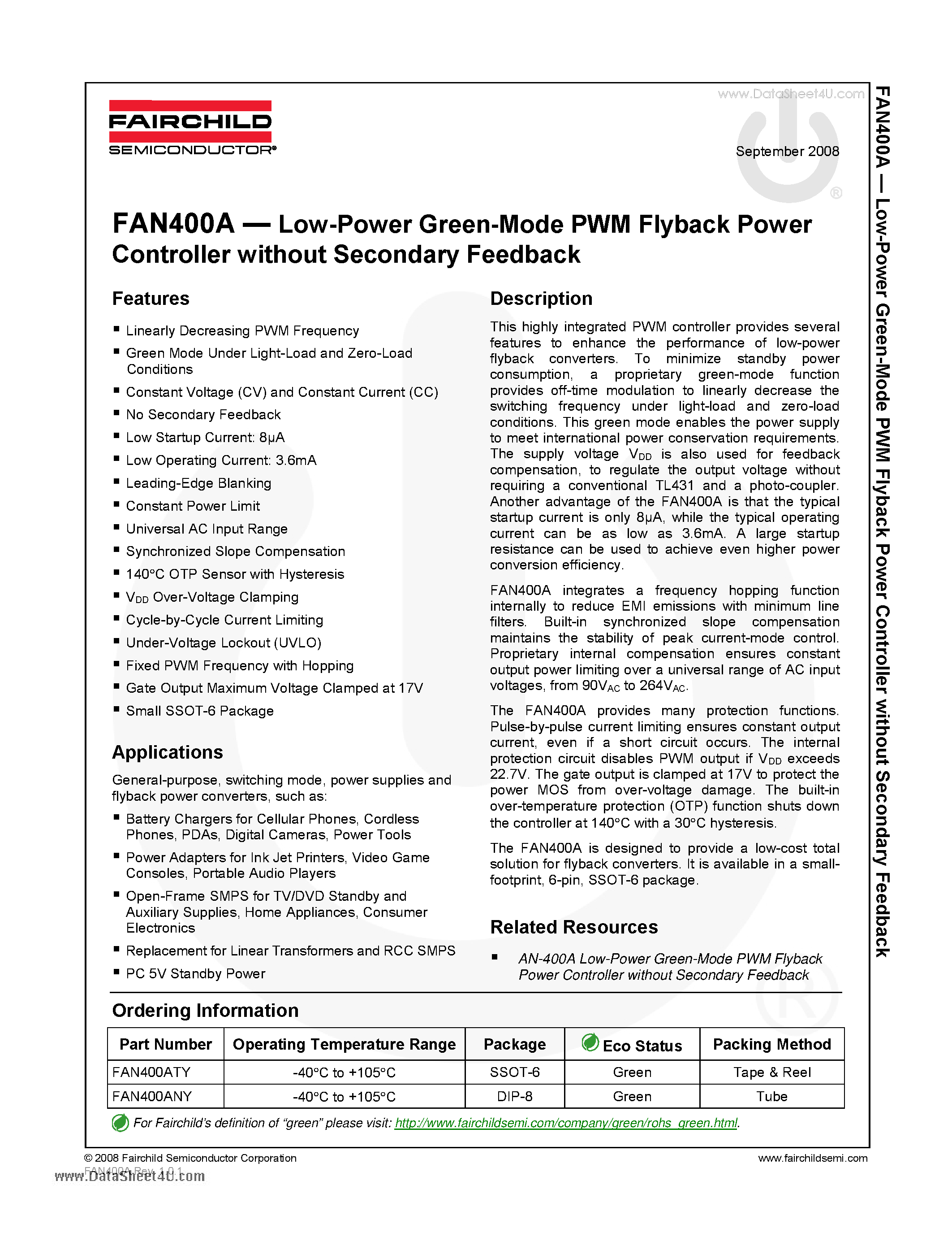 Даташит FAN400A - Low-Power Green-Mode PWM Flyback Power Controller страница 1