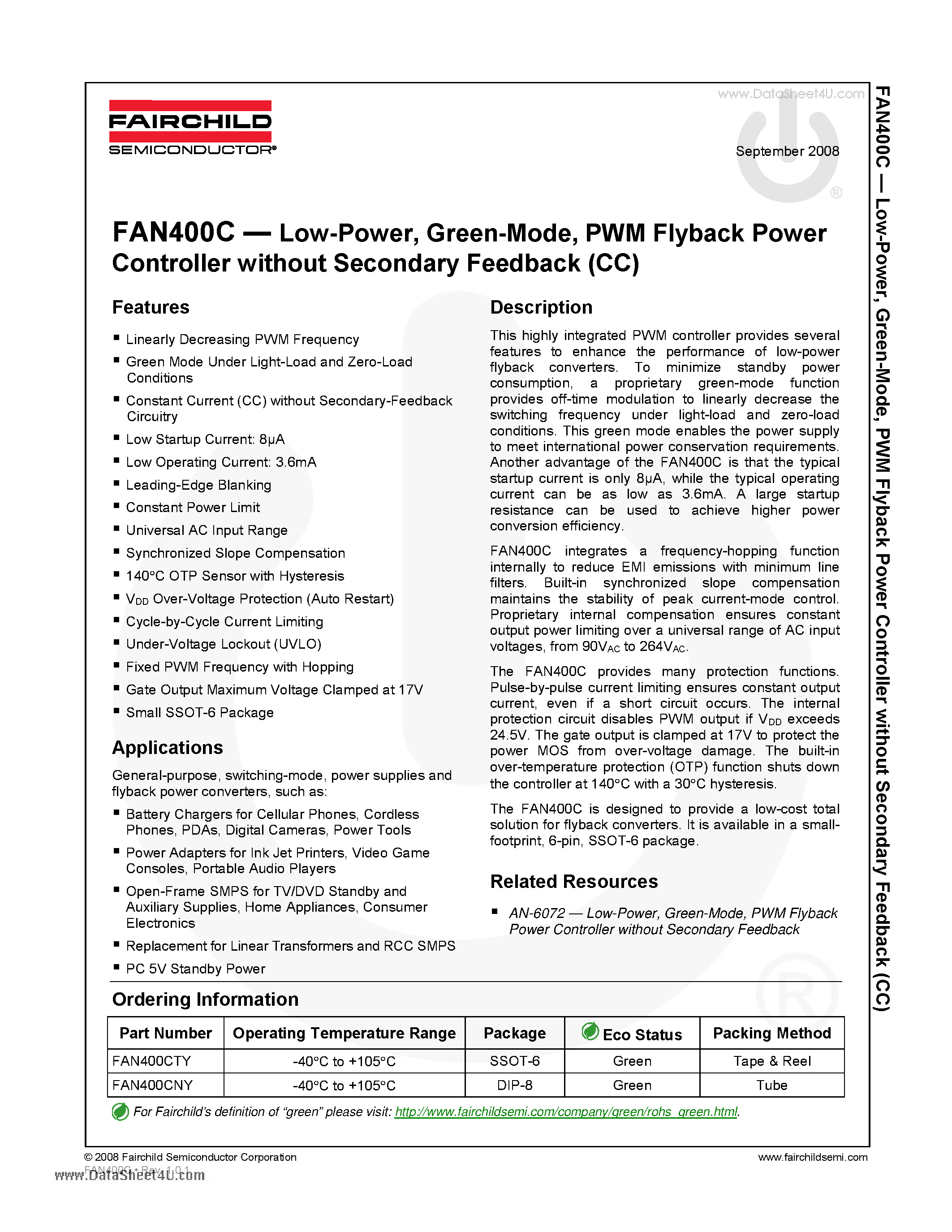 Даташит FAN400C - PWM Flyback Power Controller страница 1