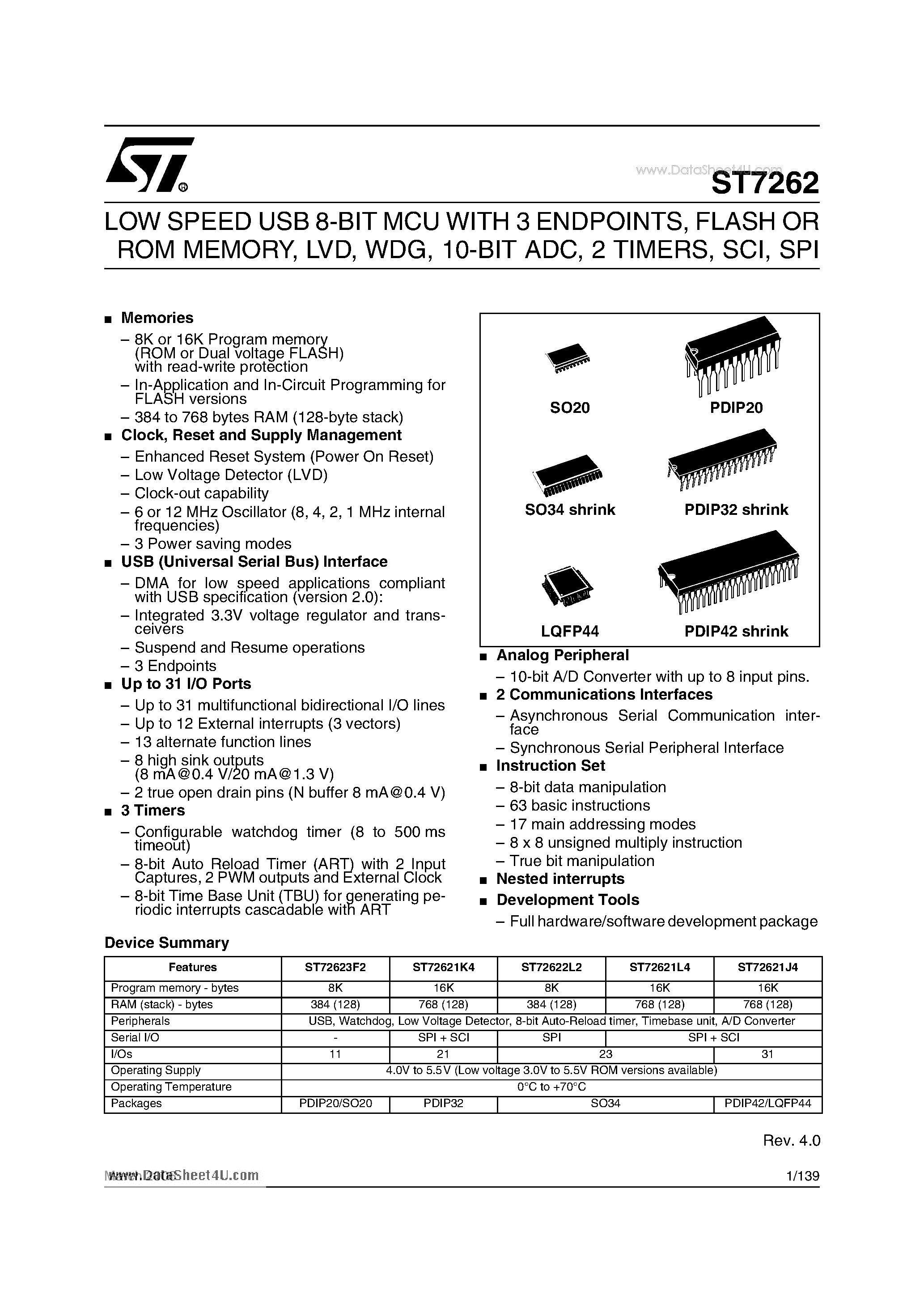 Даташит ST7262 - LOW SPEED USB 8-BIT MCU страница 1