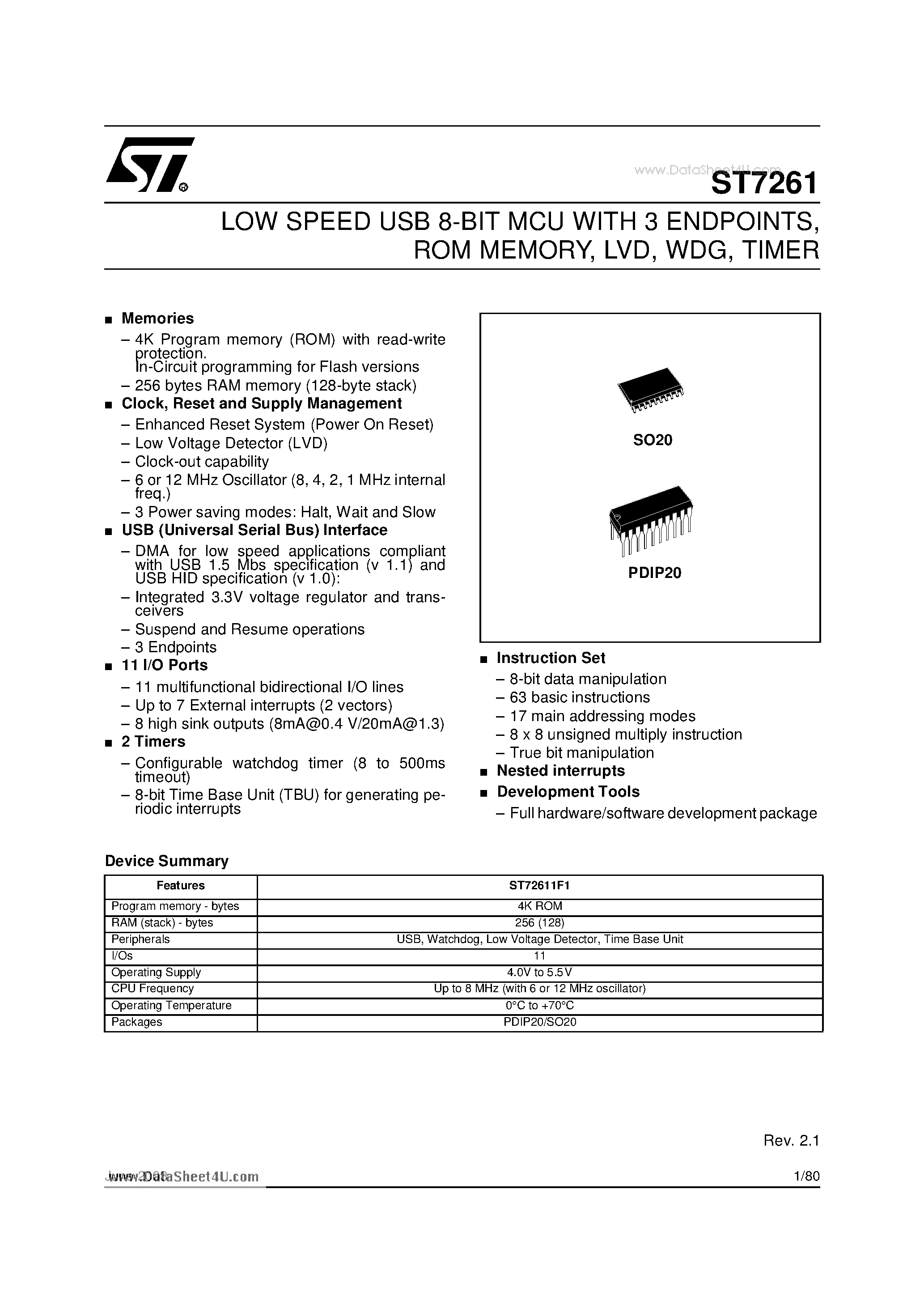 Даташит ST7261 - LOW SPEED USB 8-BIT MCU страница 1