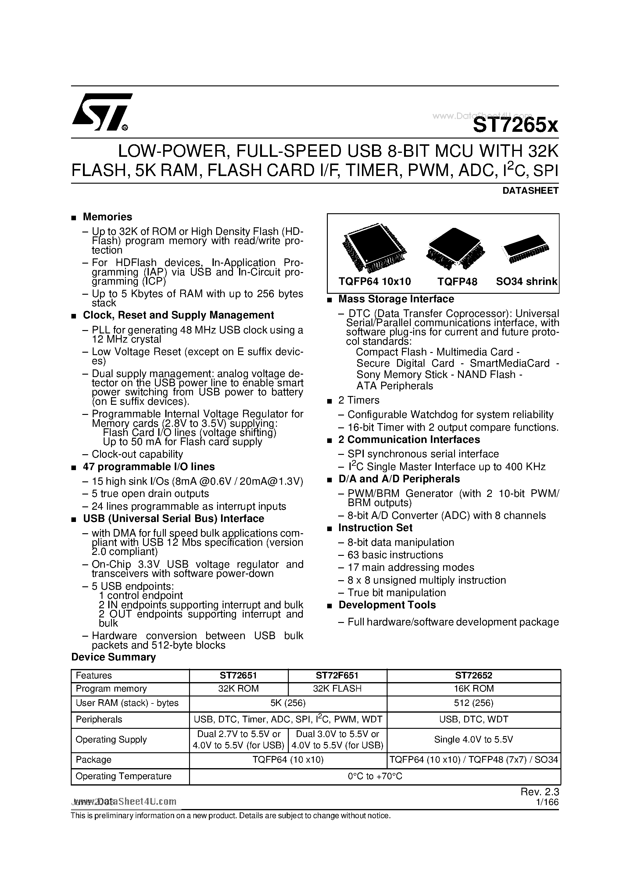 Даташит ST7265x - FULL-SPEED USB 8-BIT MCU страница 1