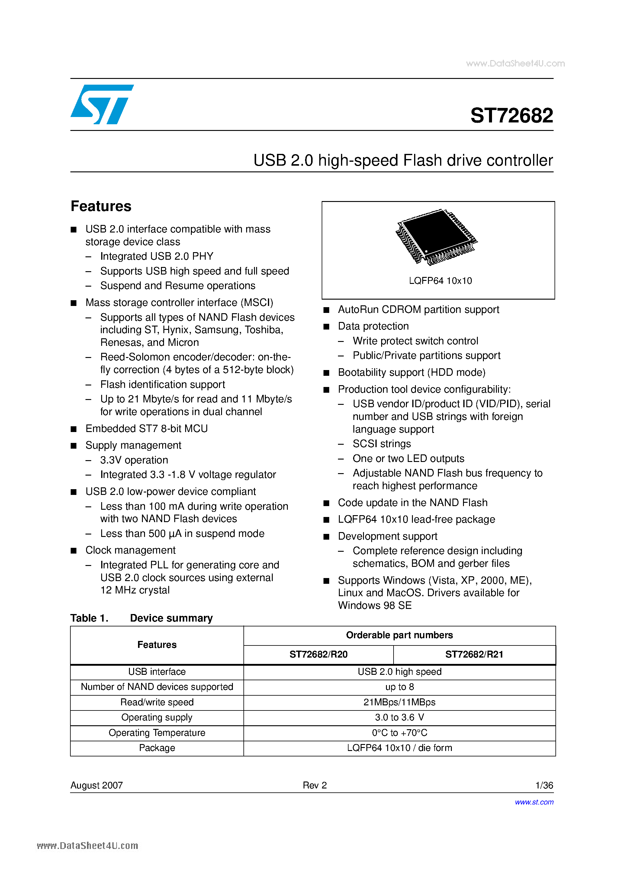 Даташит ST72682 - USB 2.0 high-speed Flash drive controller страница 1