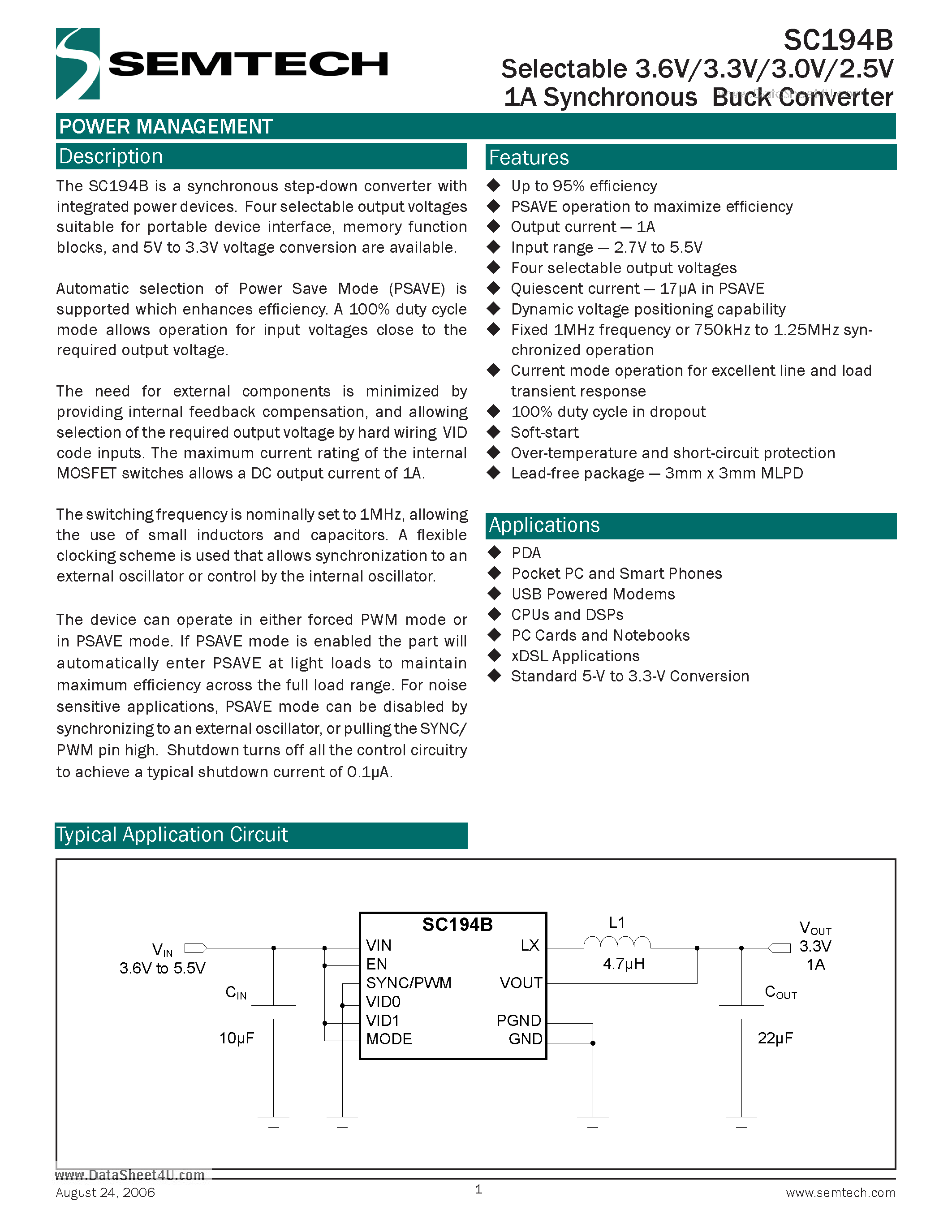 Даташит SC194B - Selectable 3.6V/3.3V/3.0V/2.5V 1A Synchronous Buck Converter страница 1