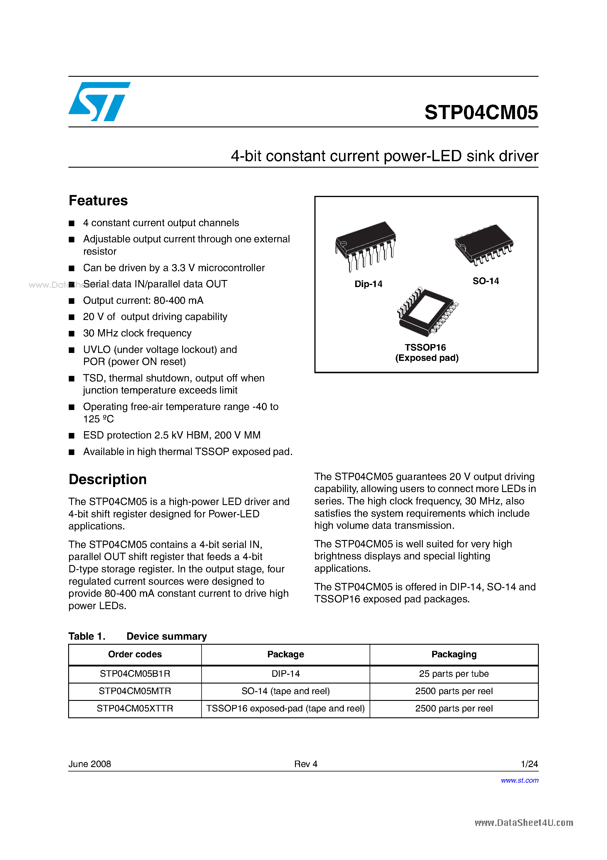 Datasheet STP04CM05 - 4-bit constant current power-LED sink driver page 1