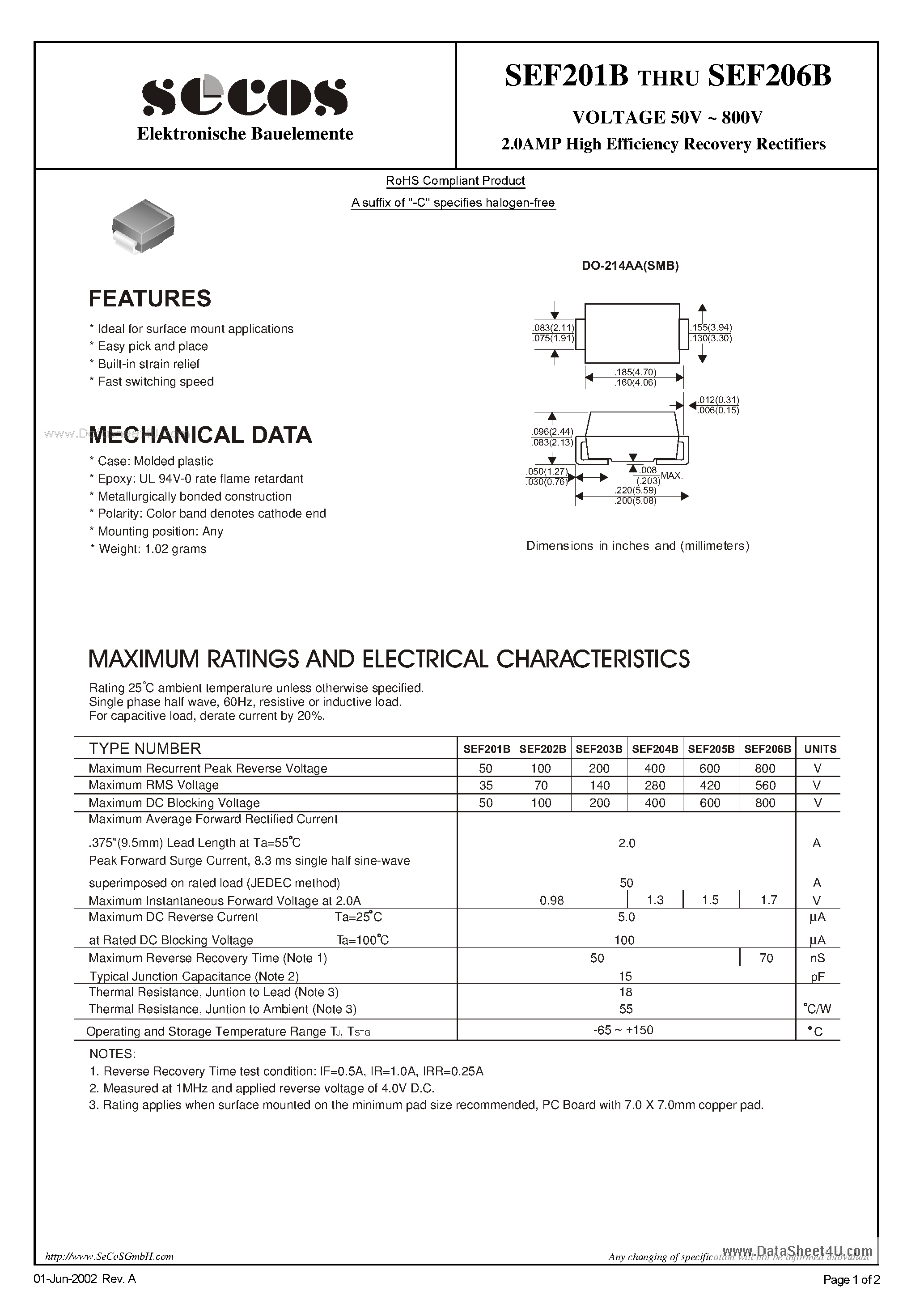 Даташит SEF201B - (SEF201B - SEF206B) 2.0AMP High Efficiency Recovery Rectifiers страница 1