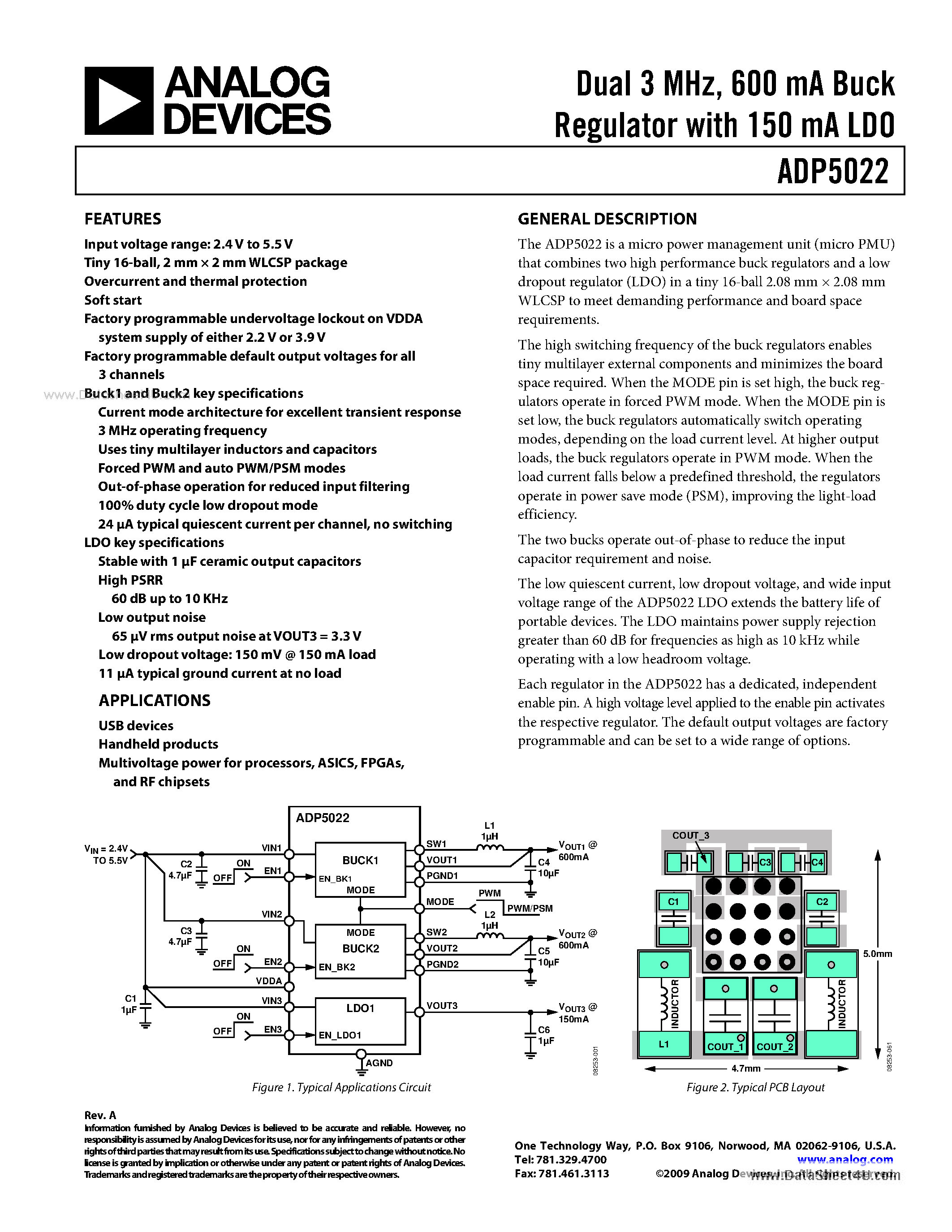 Datasheet ADP5022 - 600 mA Buck Regulator page 1