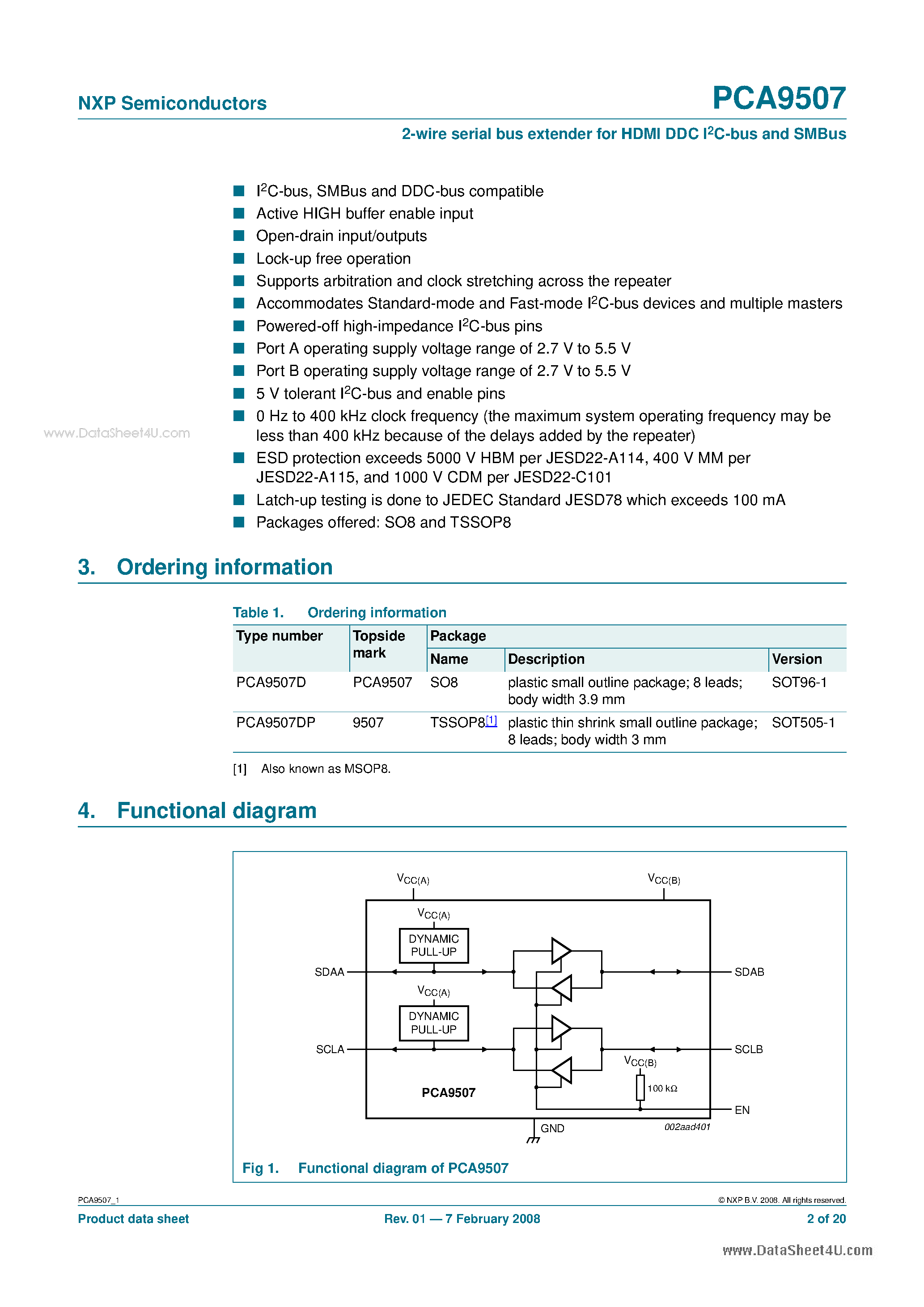 Даташит PCA9507 - 2-wire serial bus extender страница 2