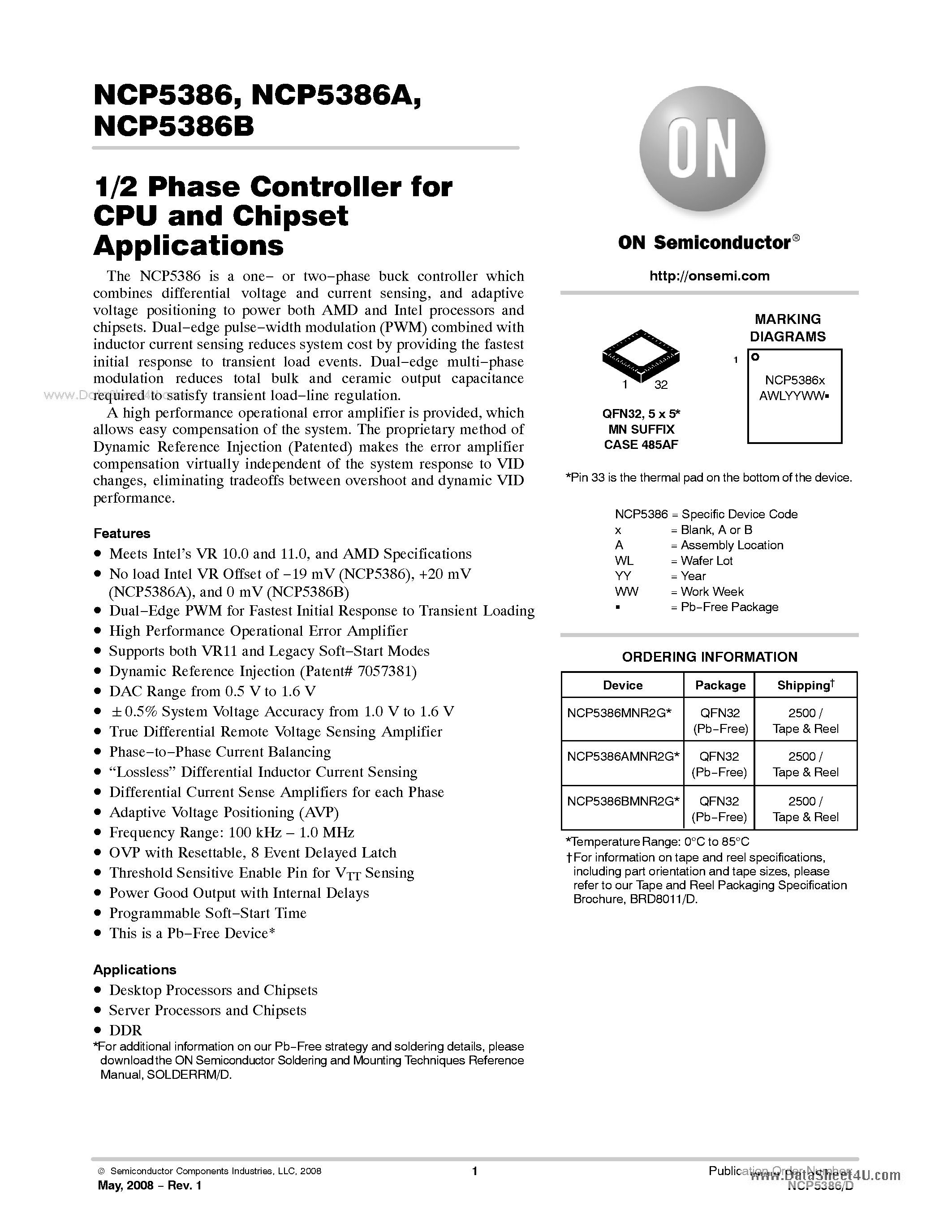 Даташит NCP5386 - 1/2 Phase Controller страница 1