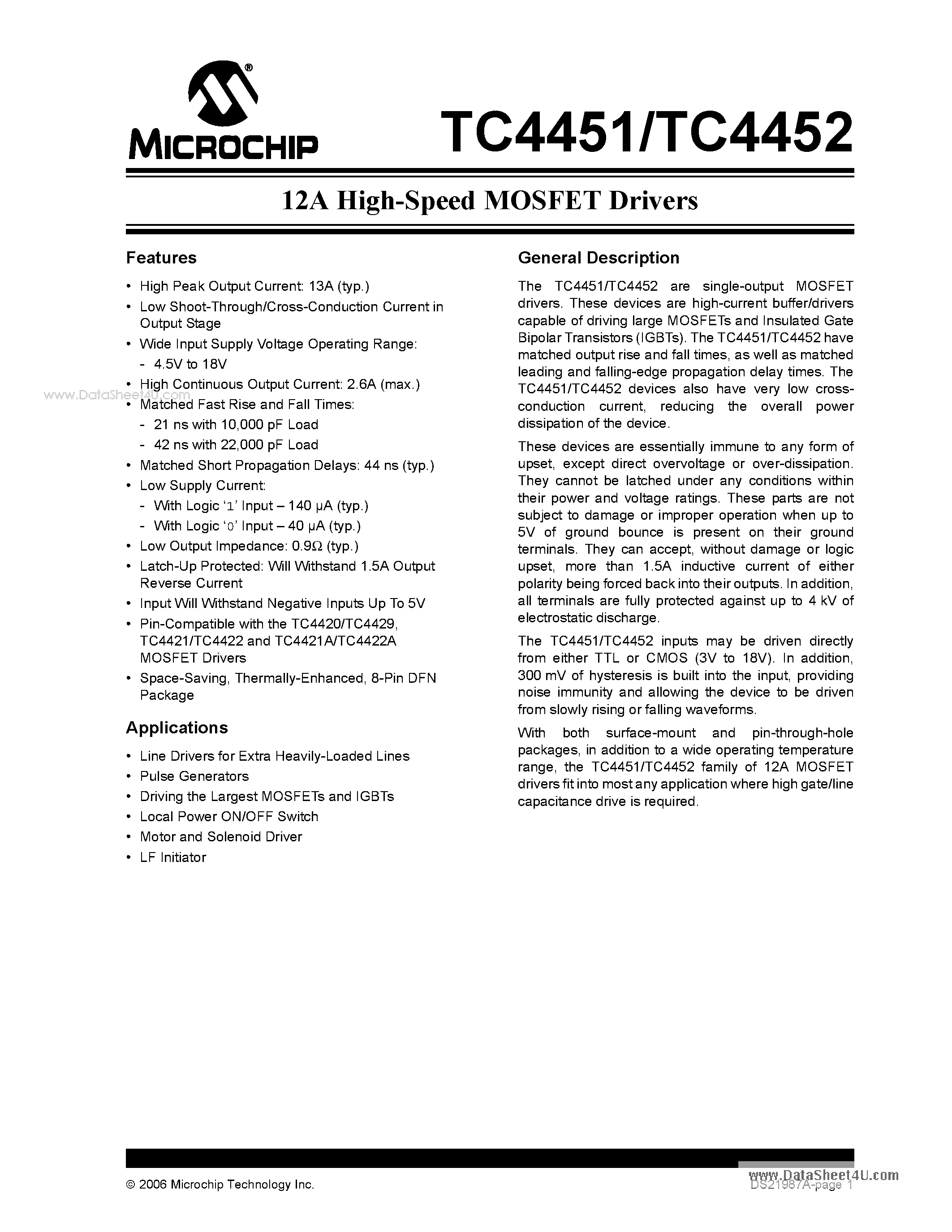 Даташит TC4451 - 12A High-Speed MOSFET Drivers страница 1