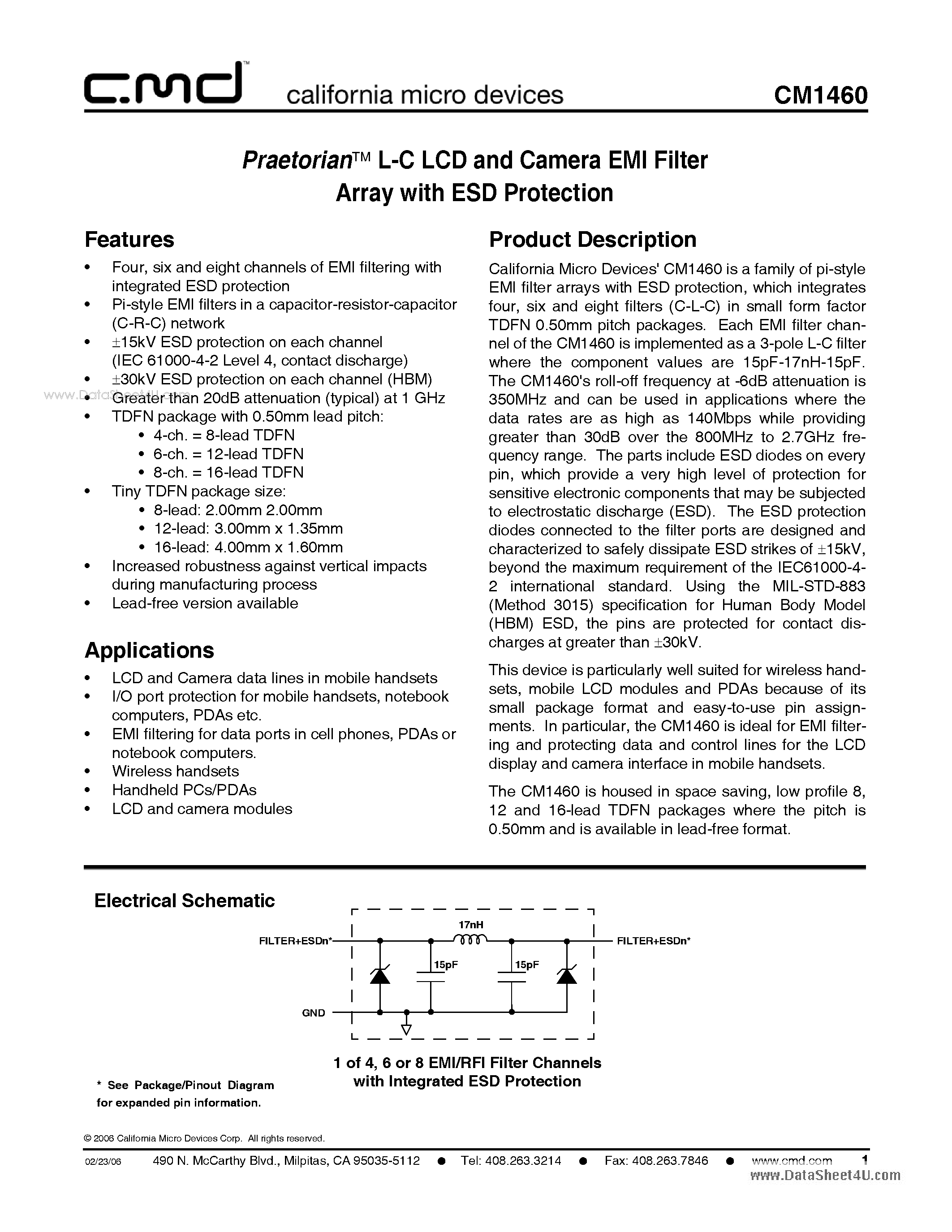 Datasheet CM1460 - Praetorian L-C LCD and Camera EMI Filter Array page 1