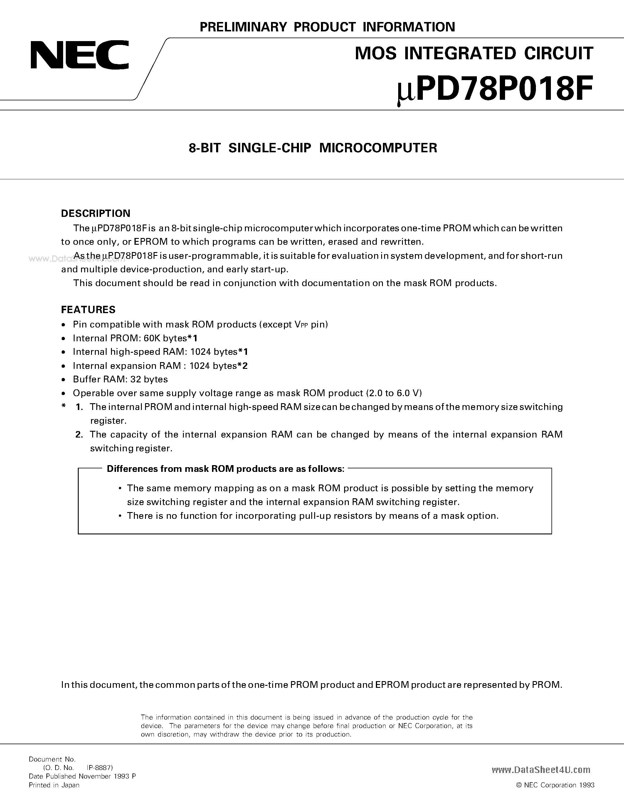 Даташит UPD78P018F - 8-BIT SINGLE-CHIP MICROCOMPUTER страница 1