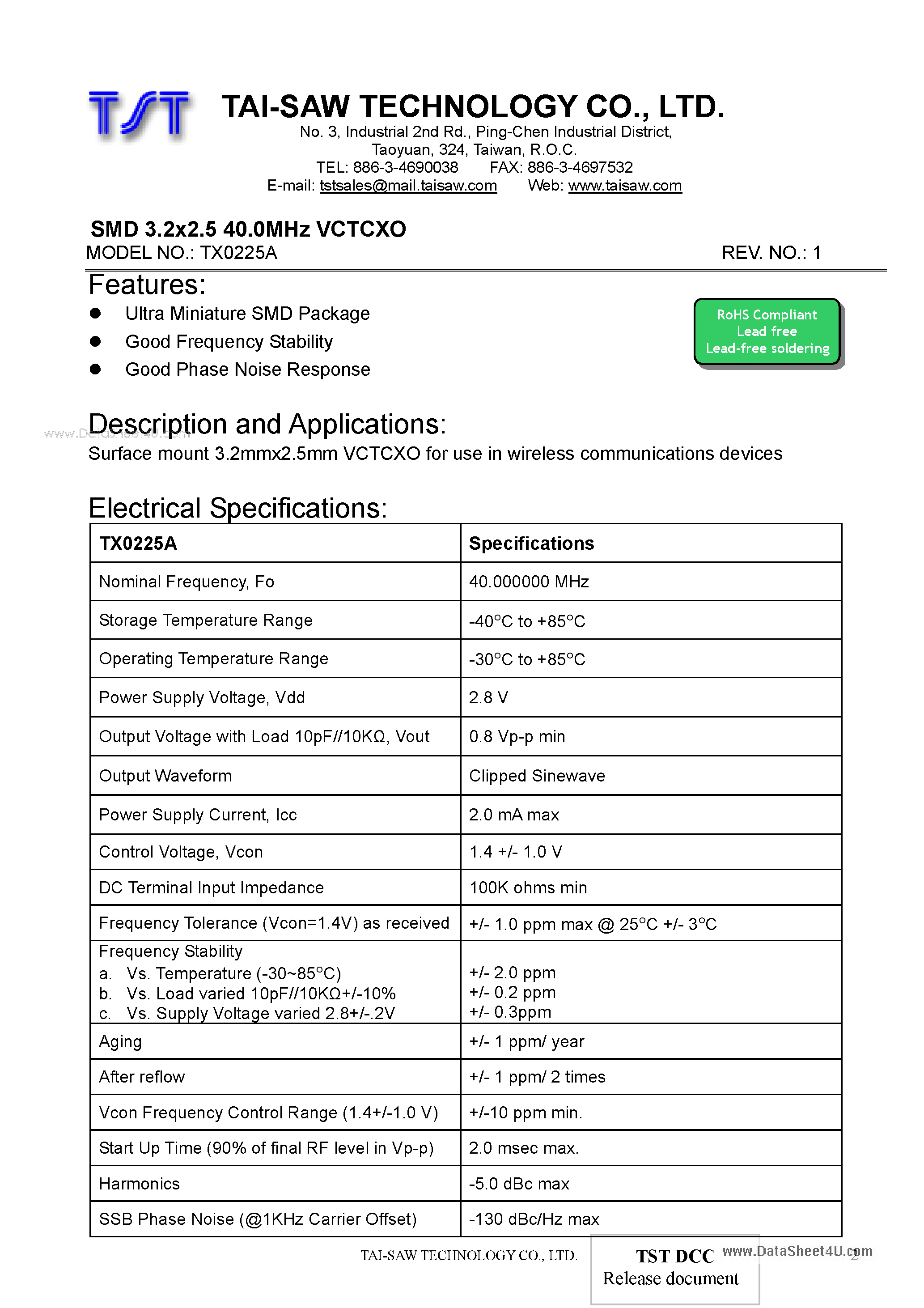 Даташит TX0225A - SMD 3.2x2.5 40.0MHz VCTCXO страница 2