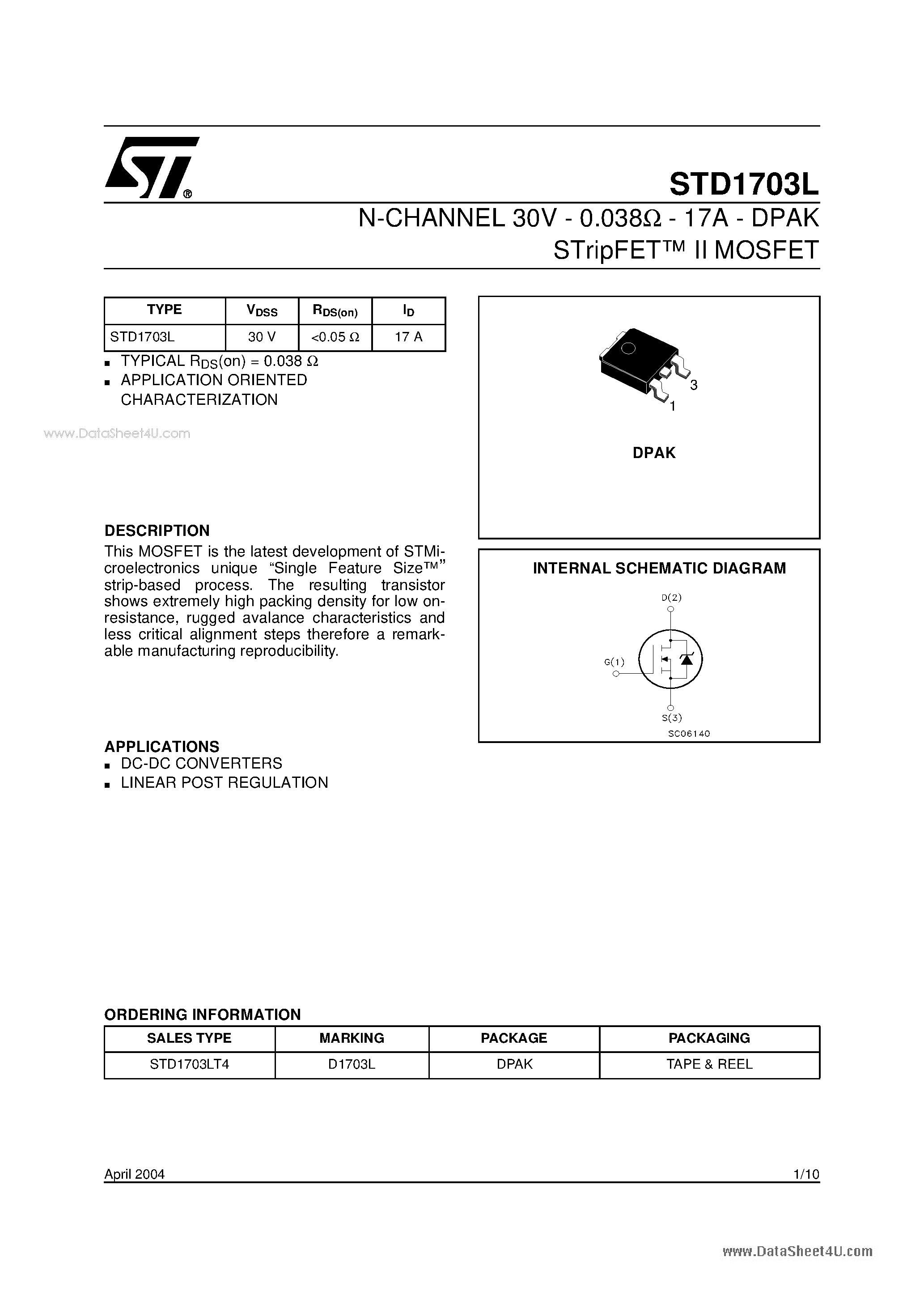 Даташит STD1703L - N-CHANNEL MOSFET страница 1