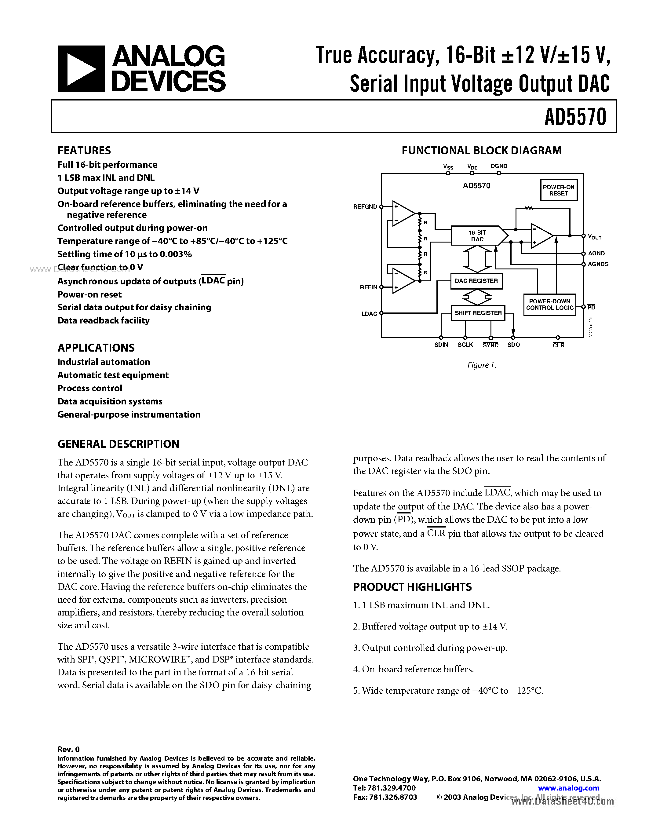 Datasheet AD5570 - Serial Input Voltage Output DAC page 1