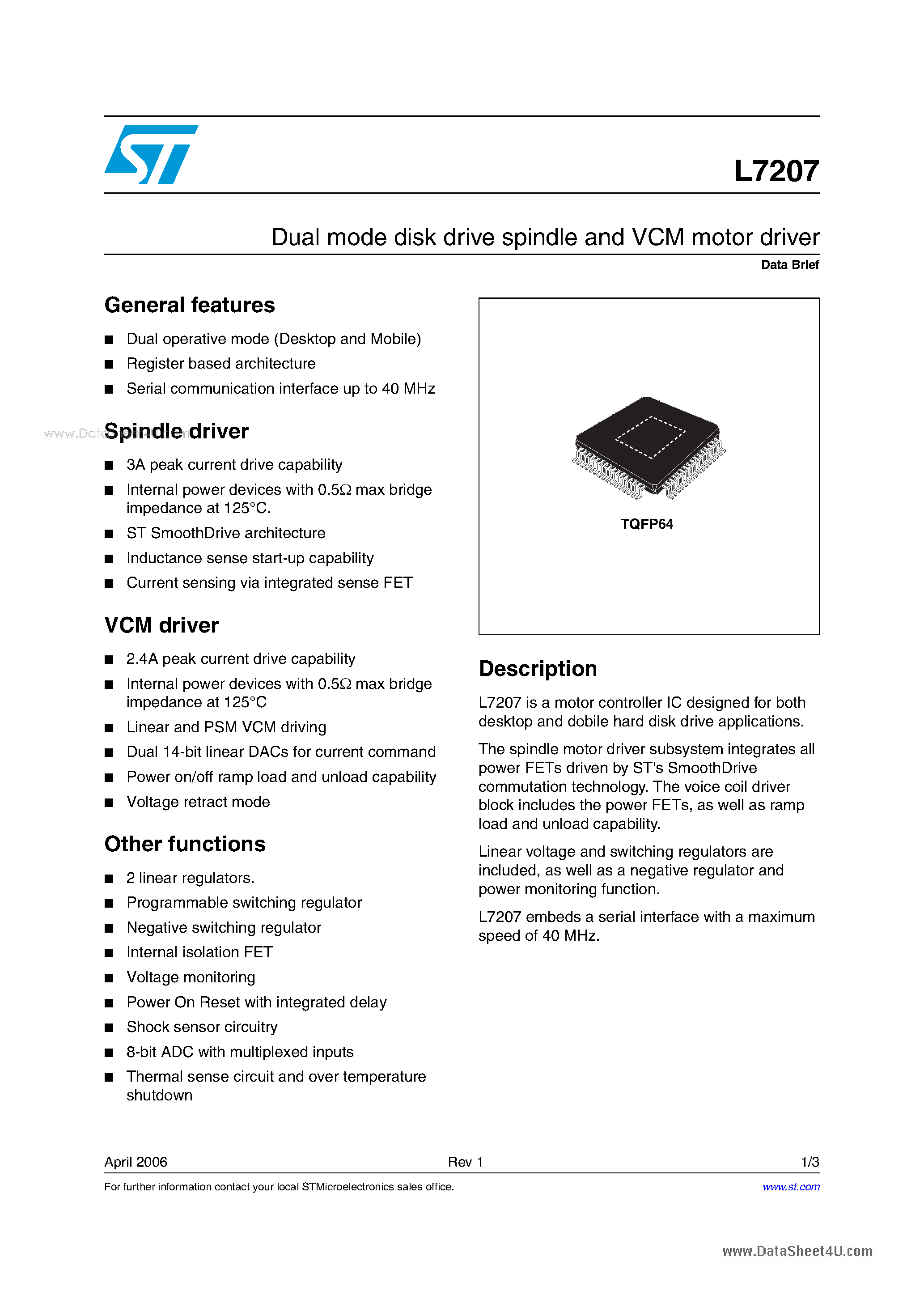 Даташит L7207 - Dual mode disk drive spindle and VCM motor driver страница 1